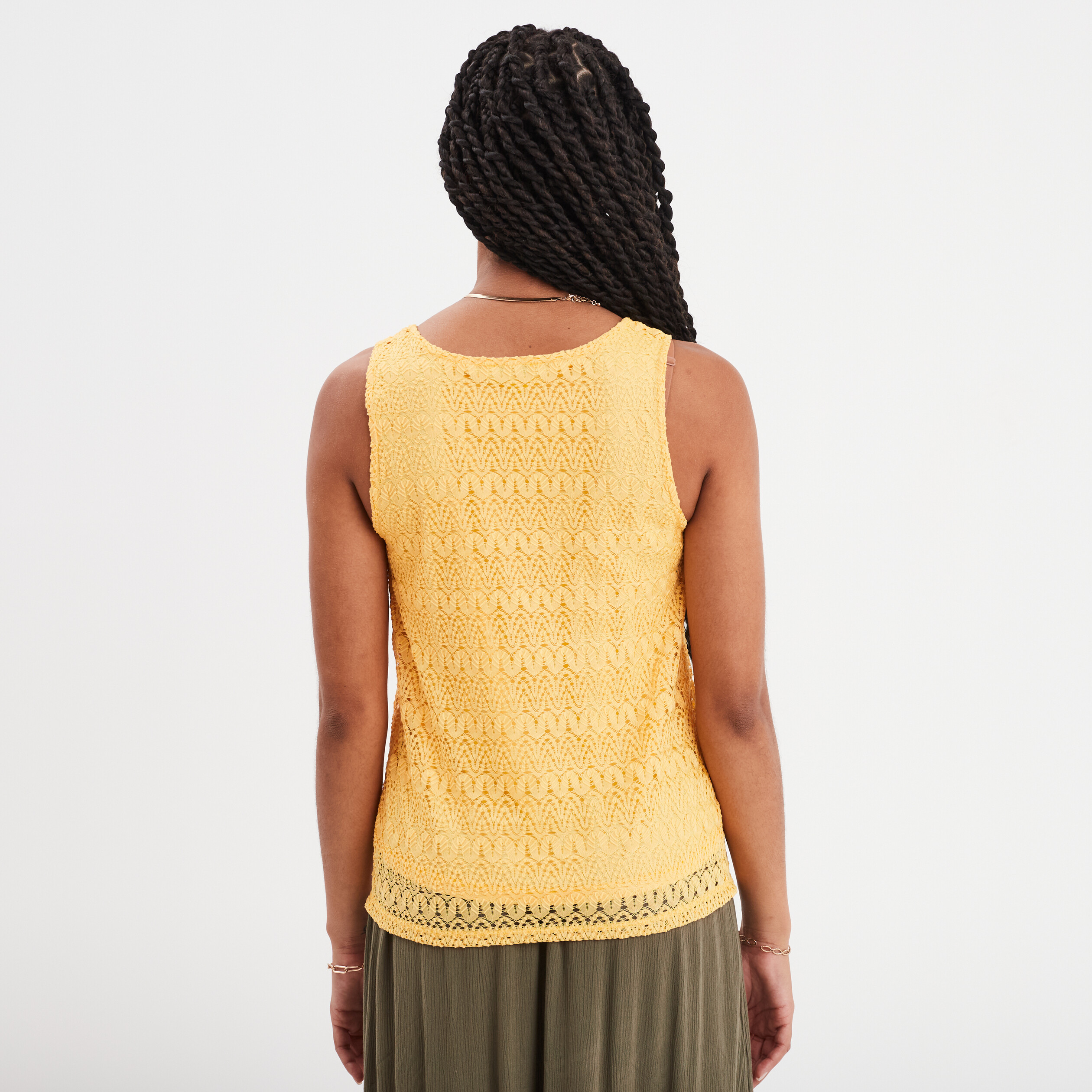 debardeur dentelle col rond jaune clair femme Débardeur dentelle col rond jaune clair femme