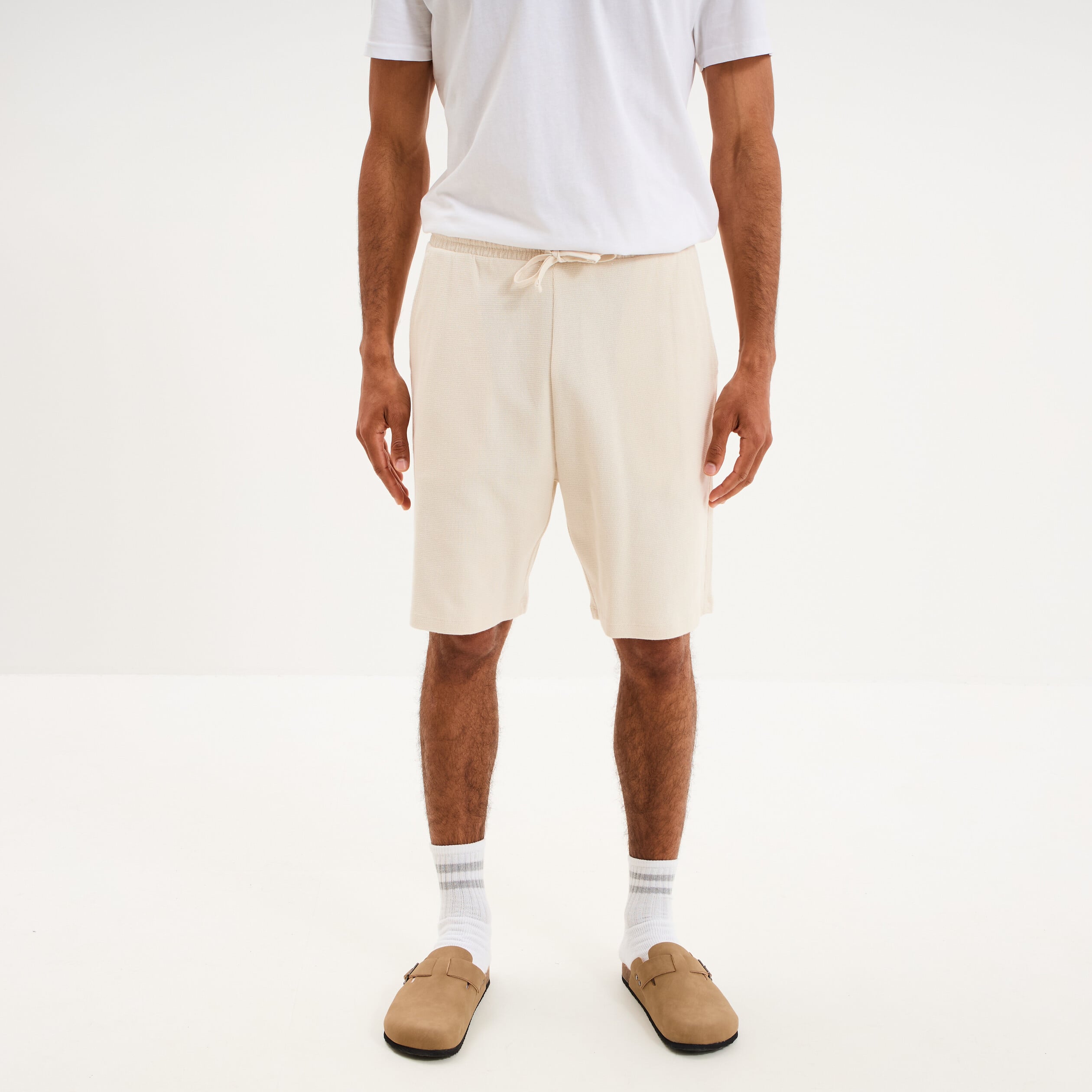 Bermuda chino textur&eacute; coupe droite coton ecru homme