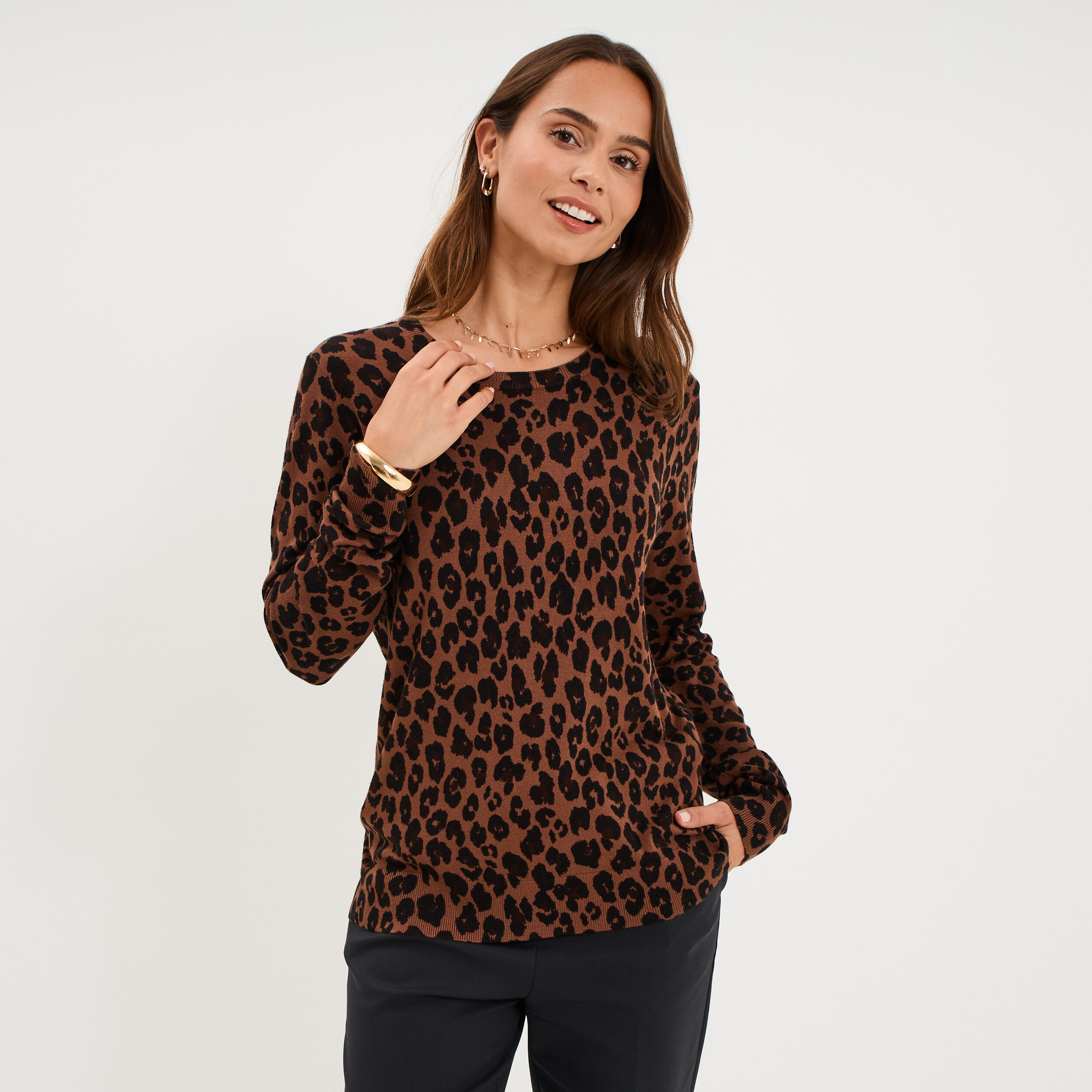 Pull col rond manches longues marron chocolat femme