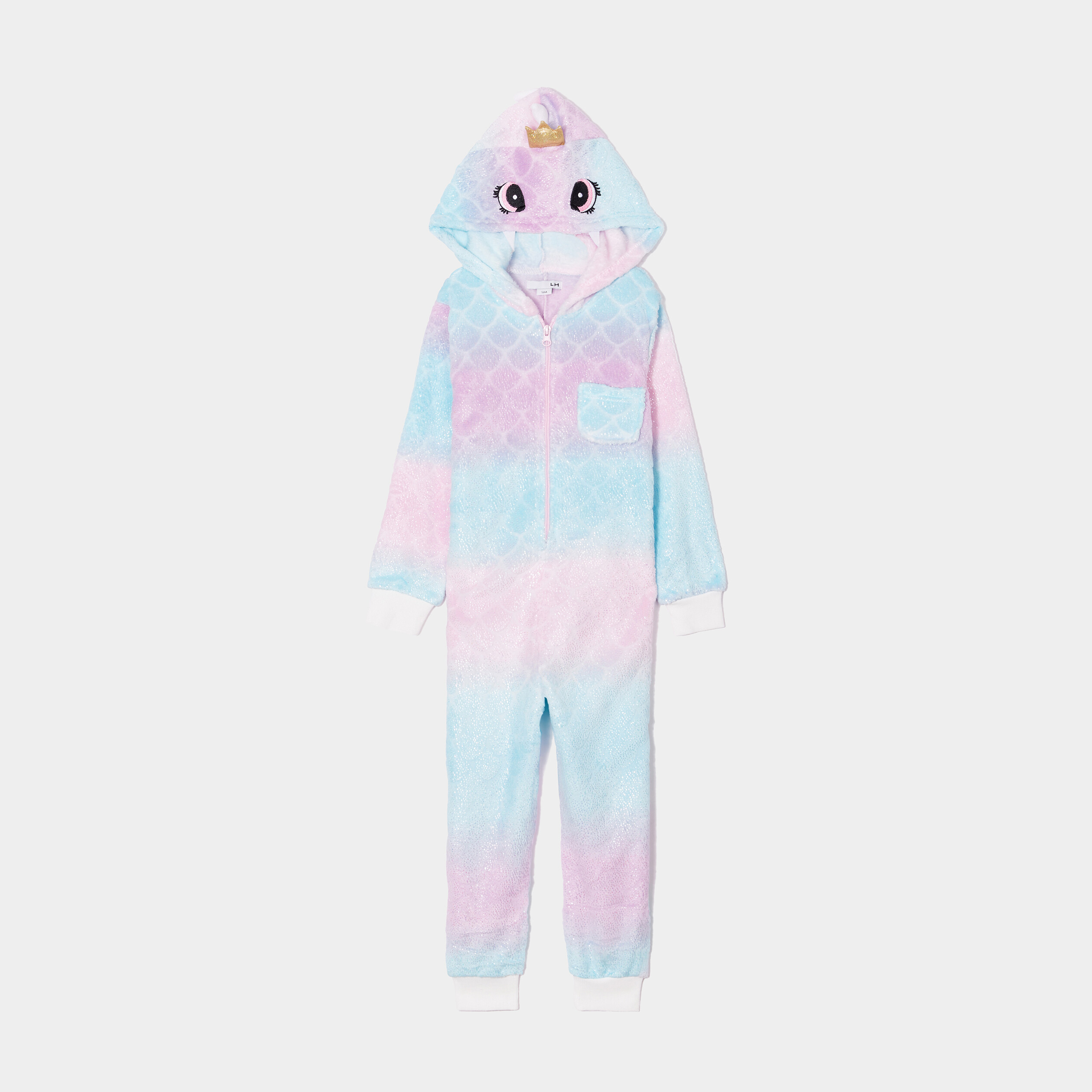 Combinaison pyjama pilou à capuche bleu gris fille