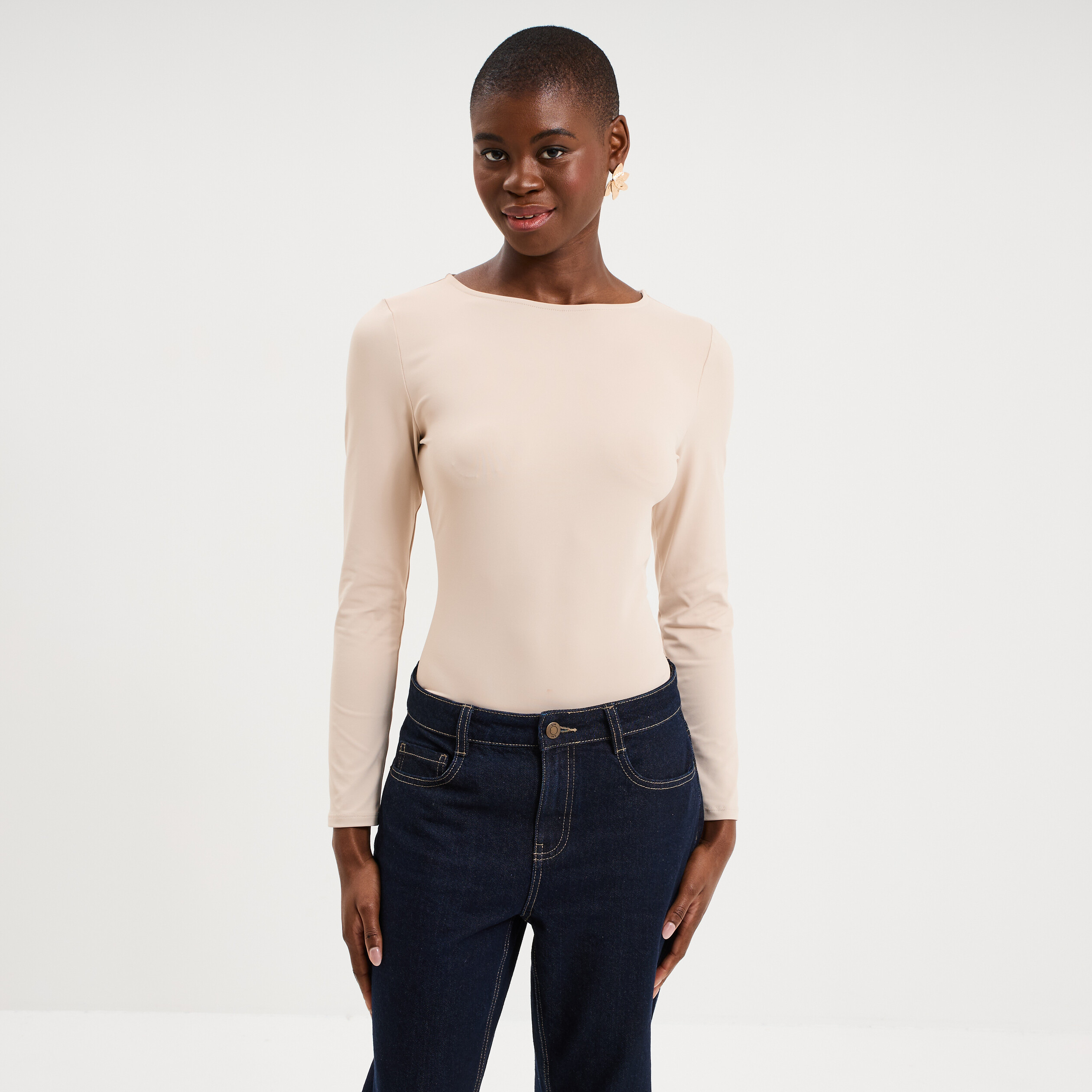 Body ajust&eacute; manches longues beige femme