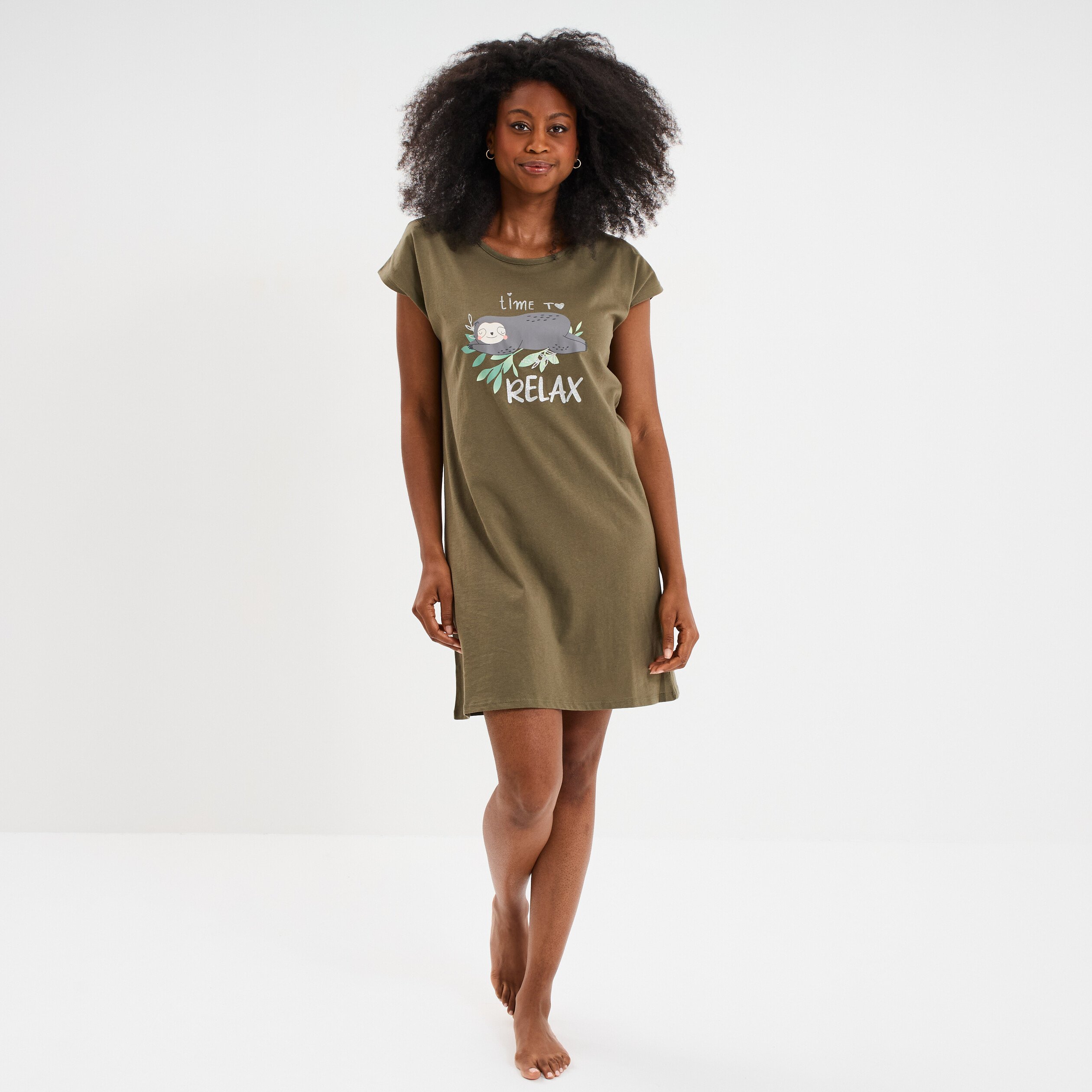 chemise de nuit manches courtes coton vert kaki femme Chemise de nuit manches courtes coton vert kaki femme