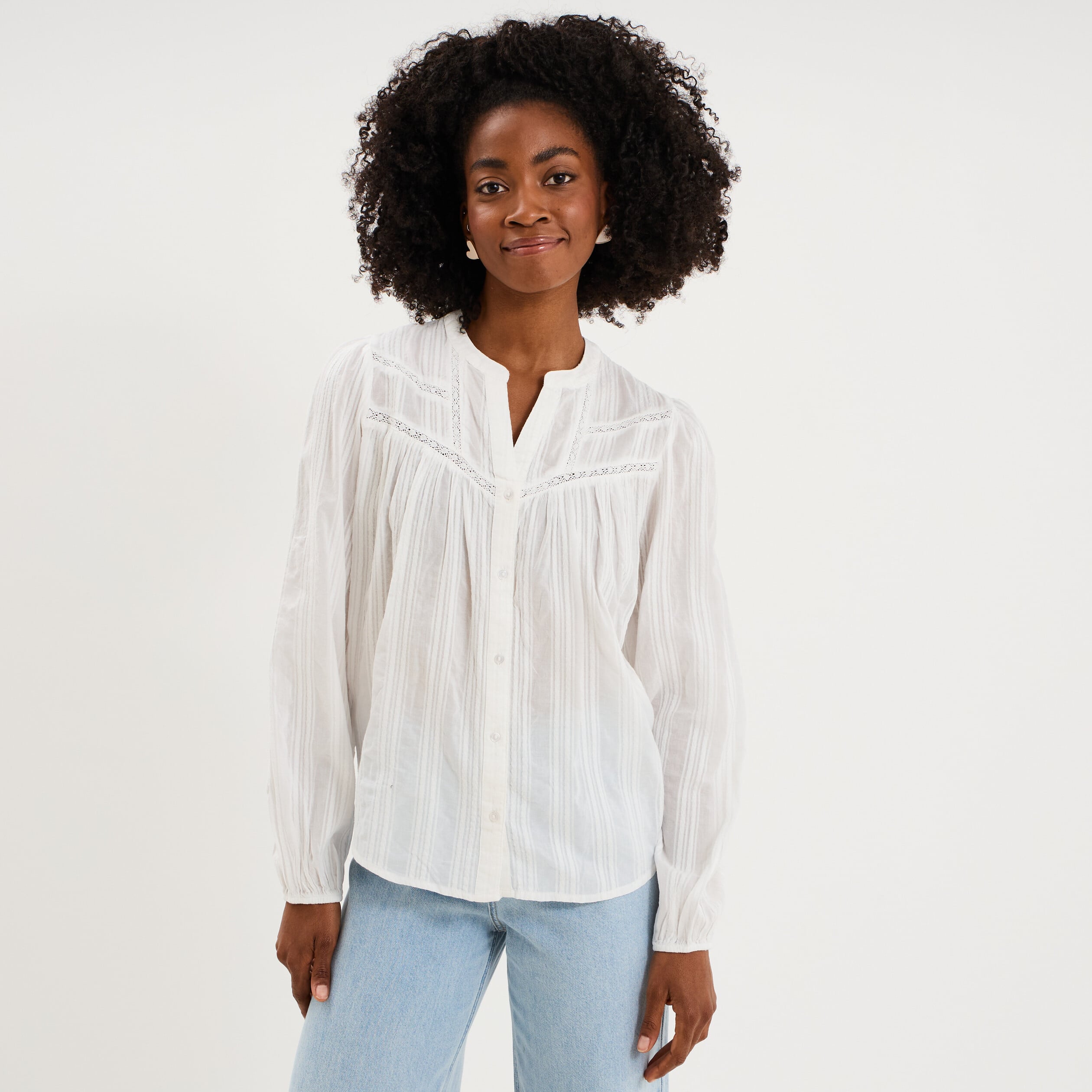Blouse droite col tunisien coton blanc femme