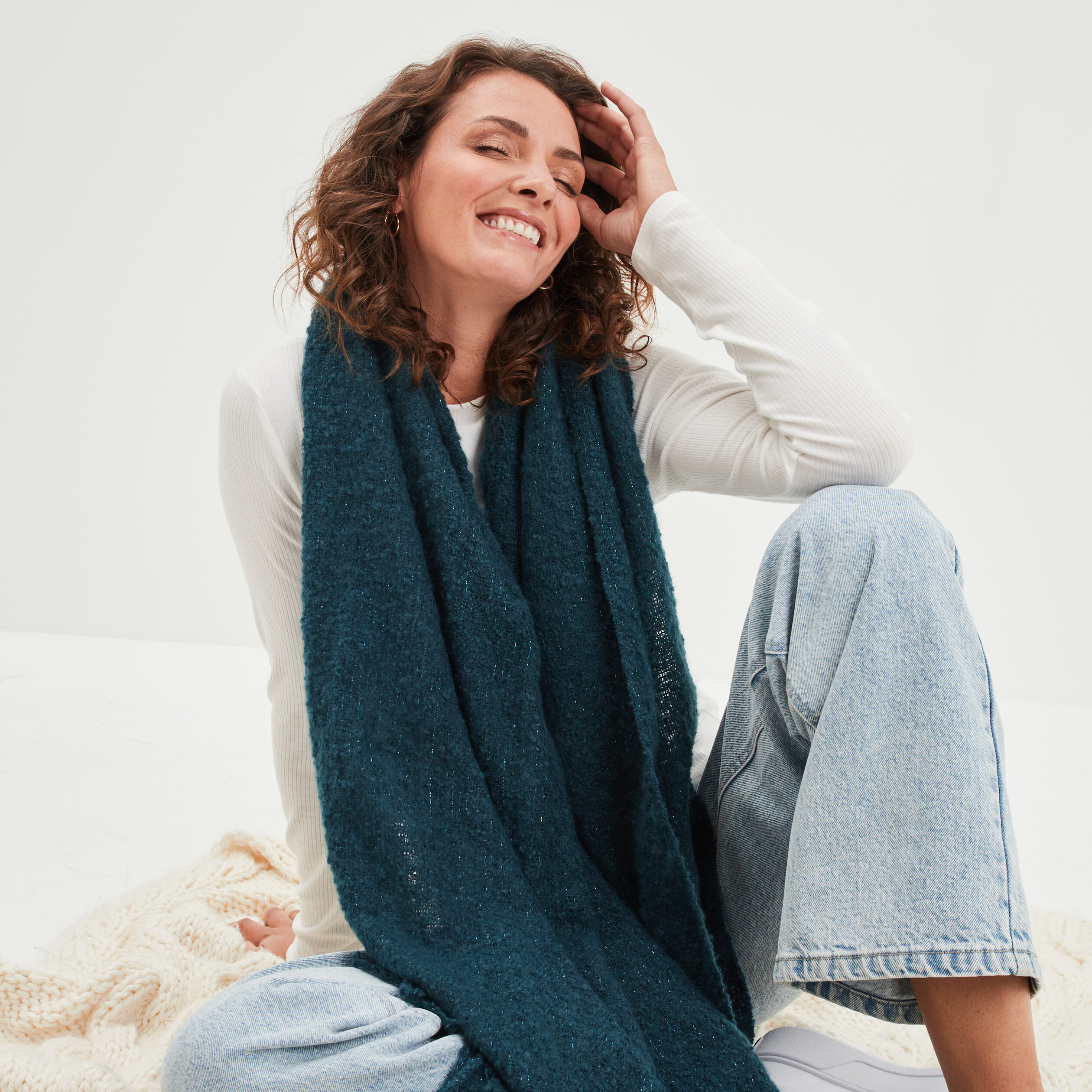 Écharpe avec franges bleu canard femme