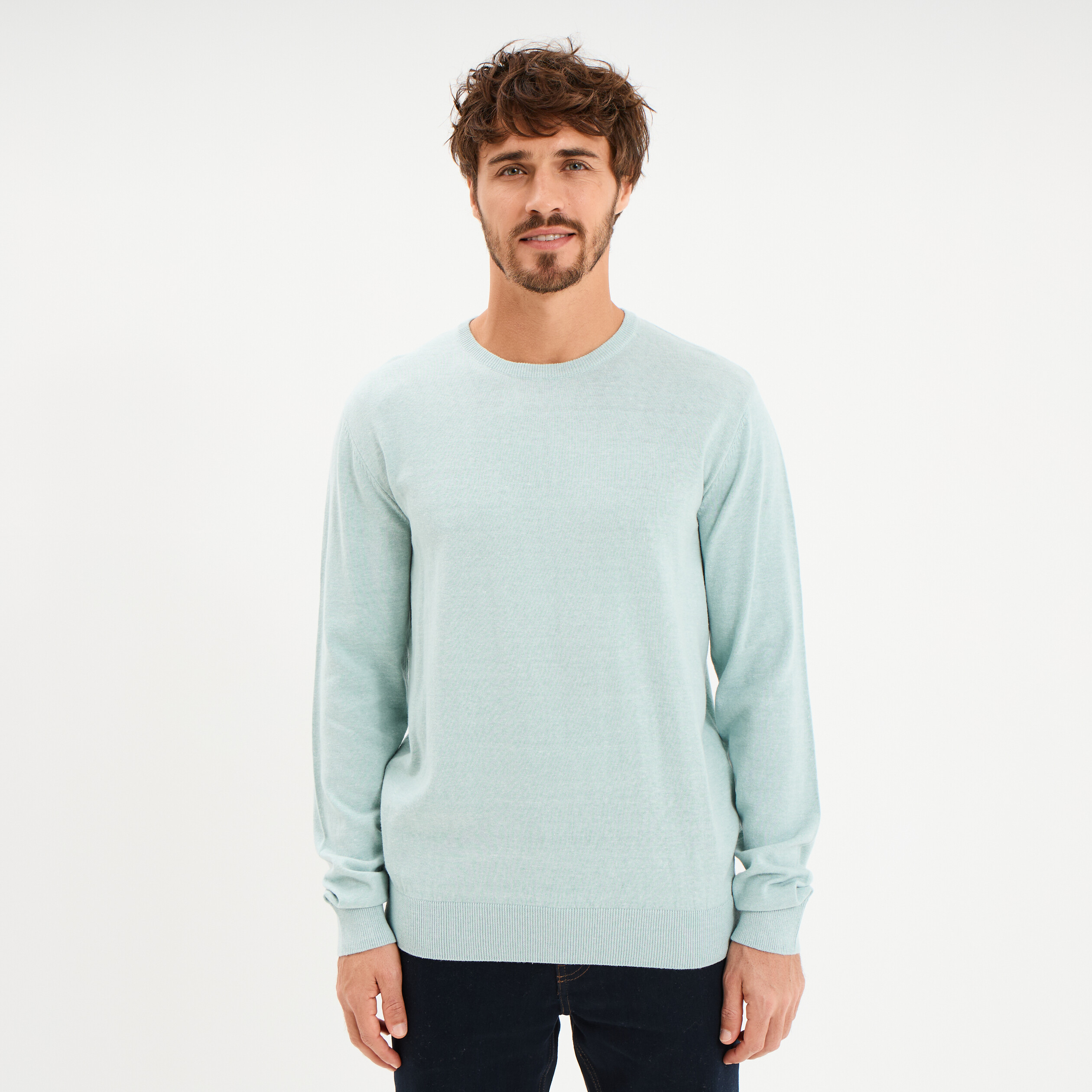 Pull droit col rond coton m&eacute;lang&eacute; bleu gris homme