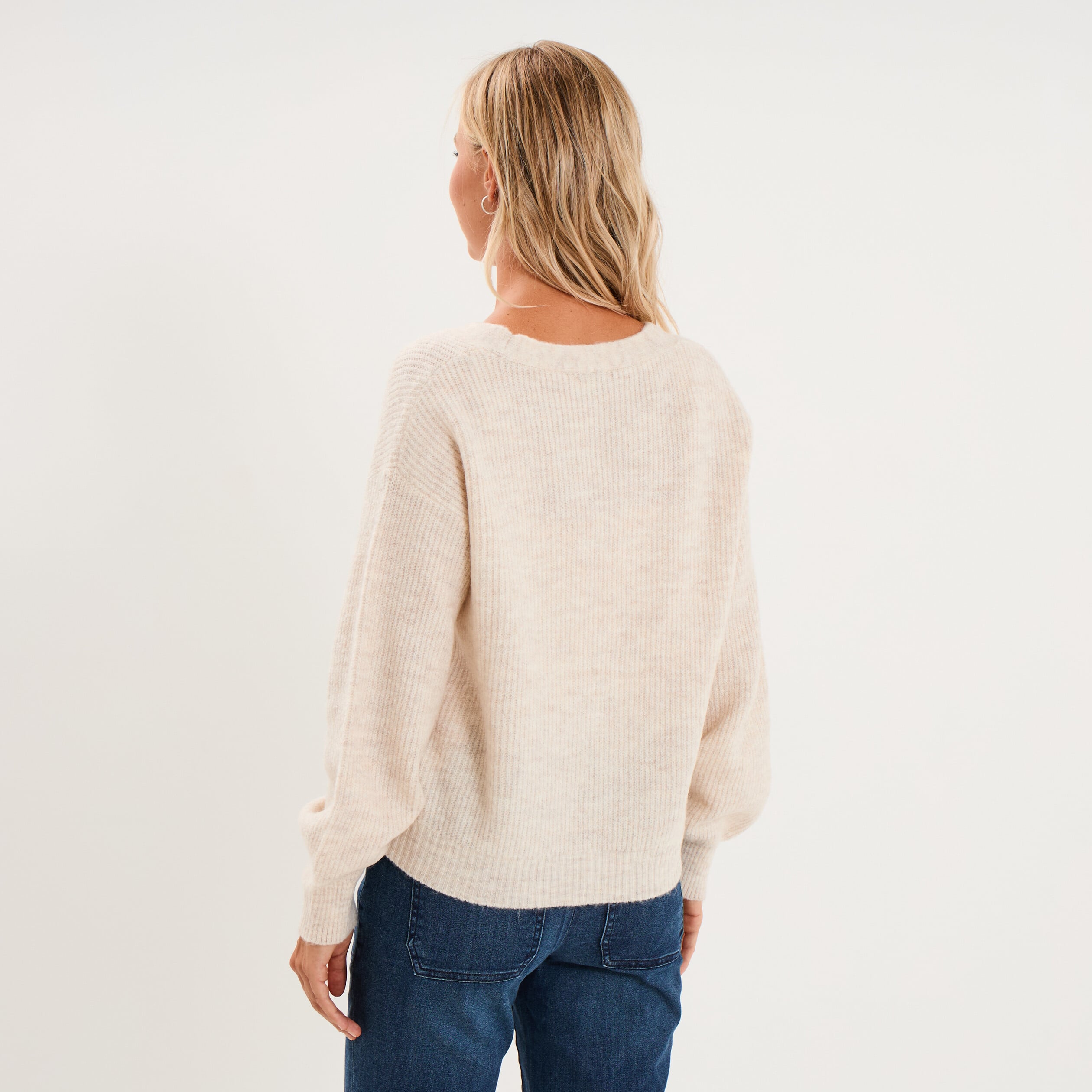 Gilet col en V manches longues ballon ecru femme