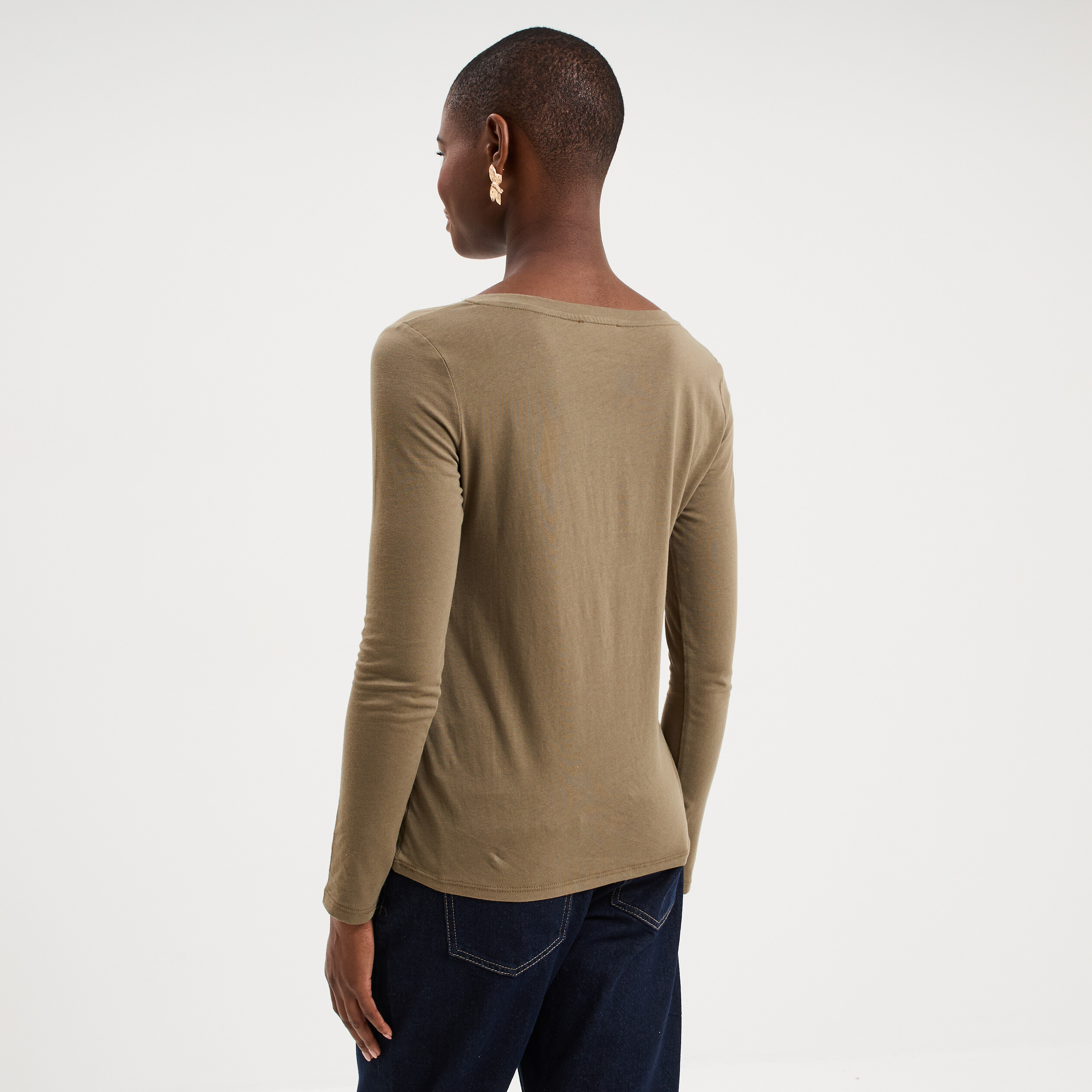 T-shirt col en V manches longues coton vert kaki femme