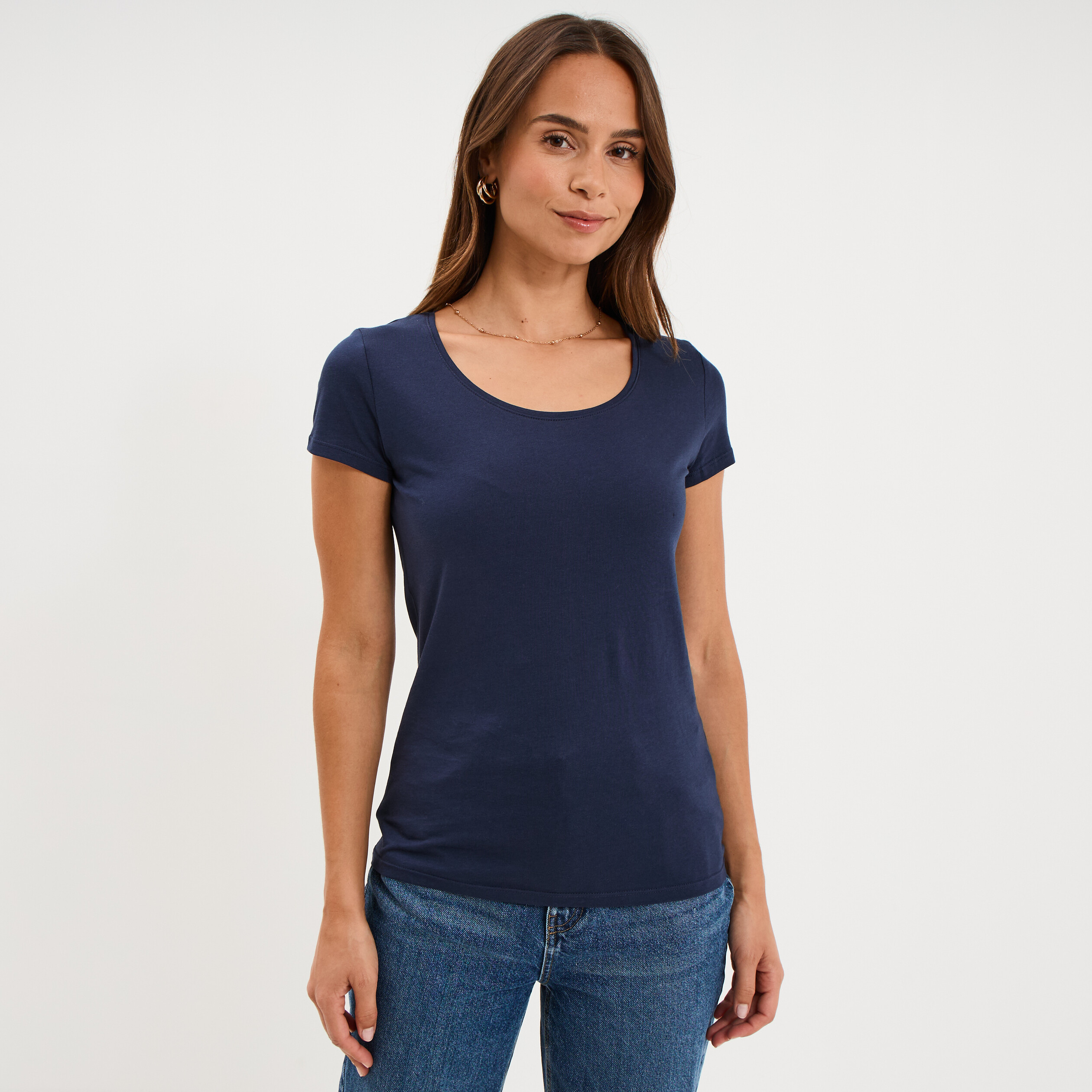 T-shirt coton col rond manches courtes bleu marine femme