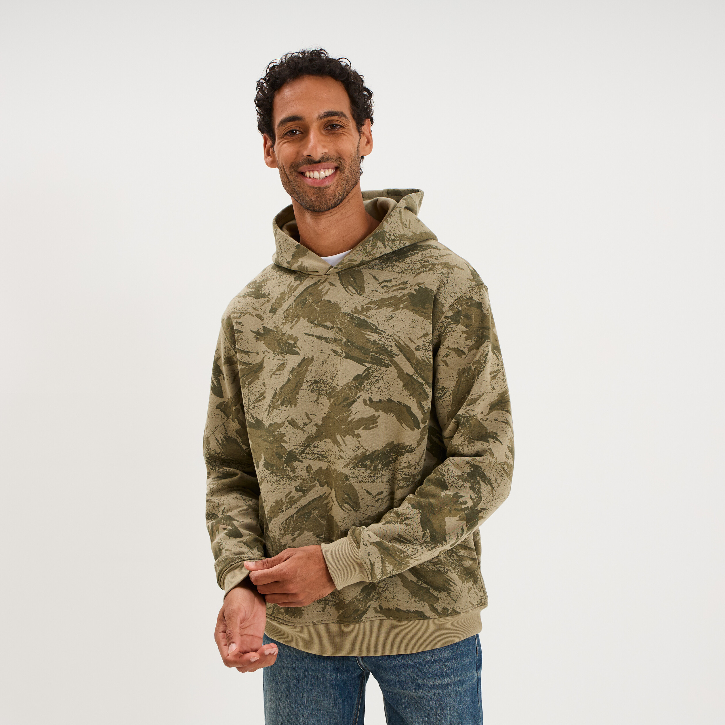 Sweat hoodie &agrave; capuche molleton vert kaki homme