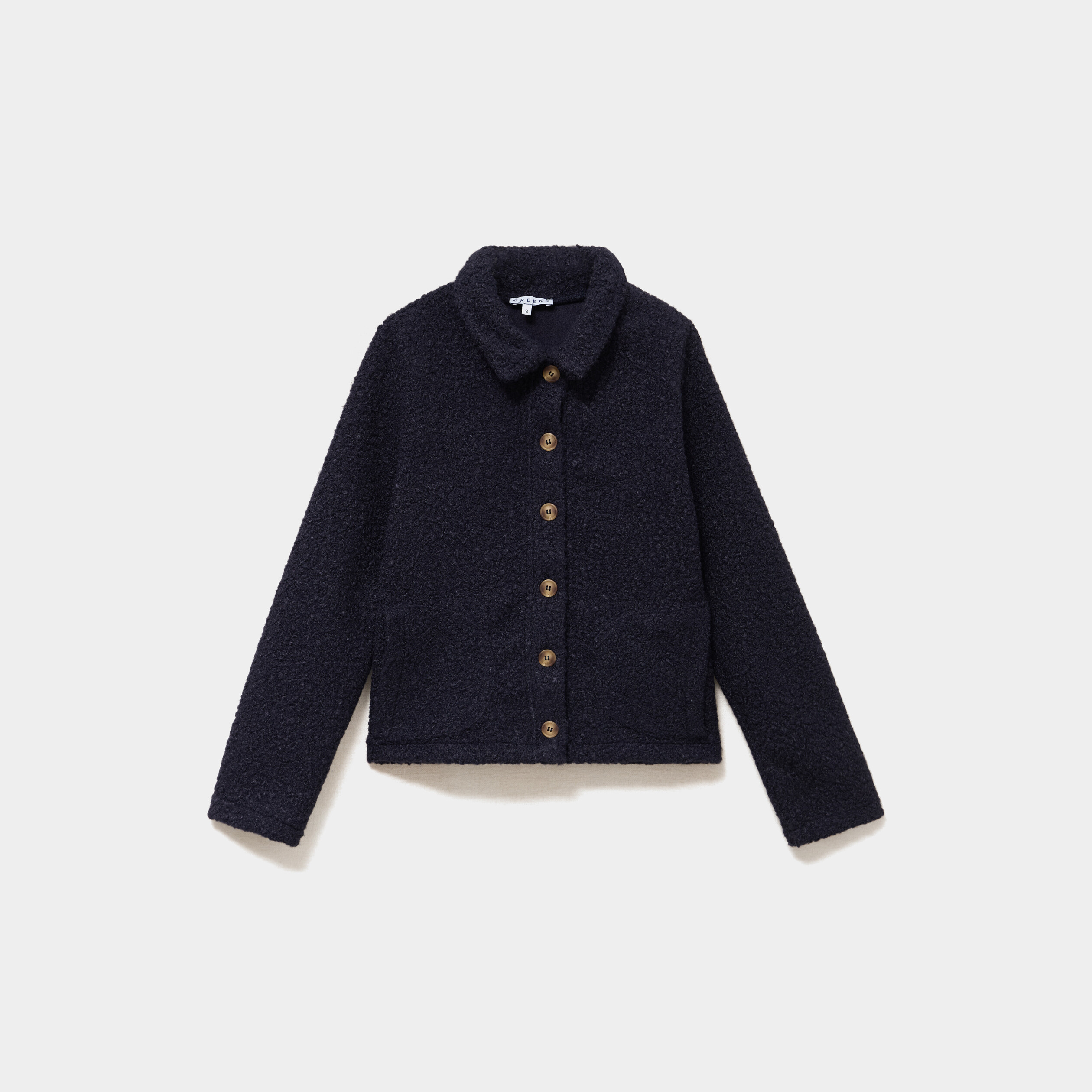 Veste courte boutonn&eacute;e effet bouclette bleu marine femme