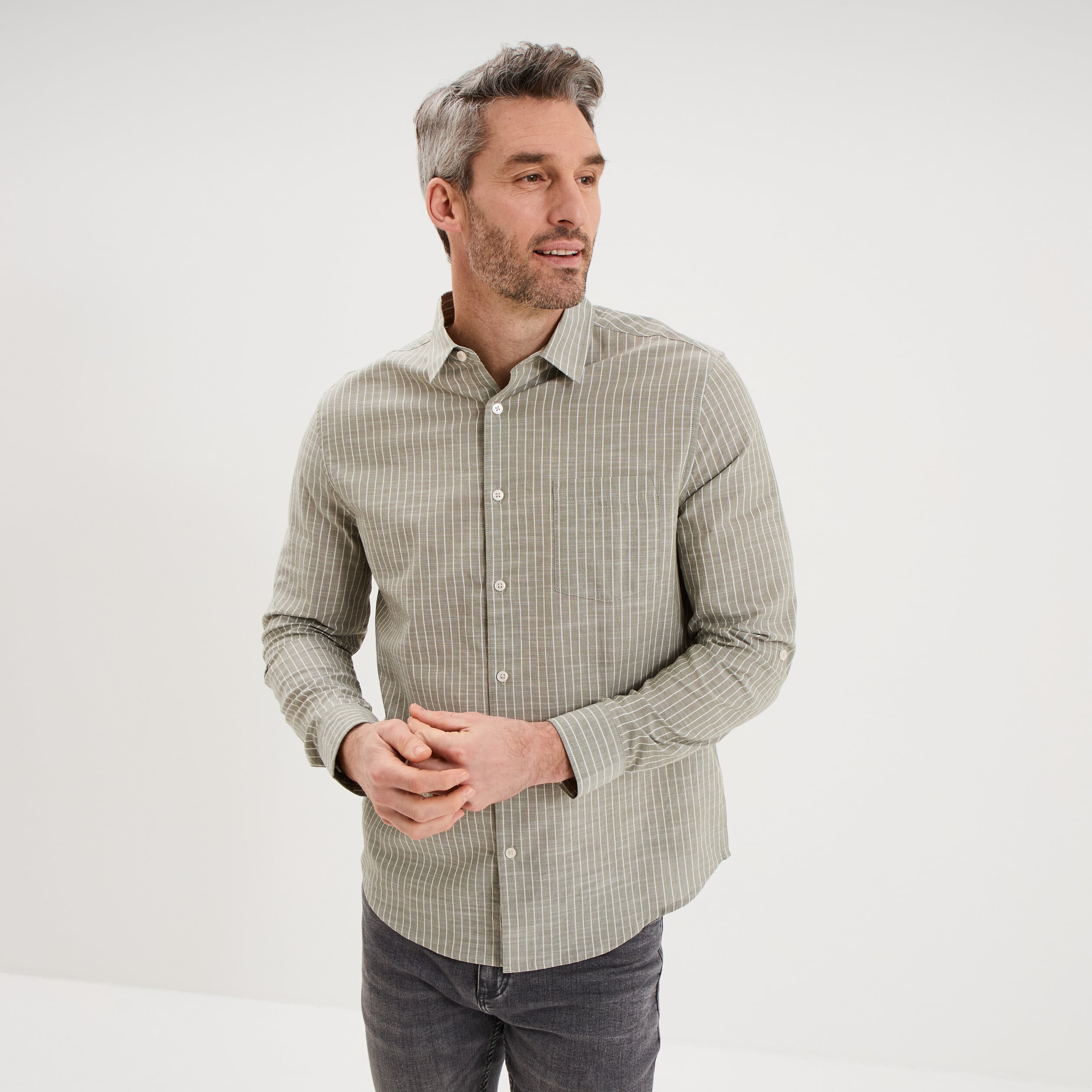 Chemise manches longues coton vert kaki homme