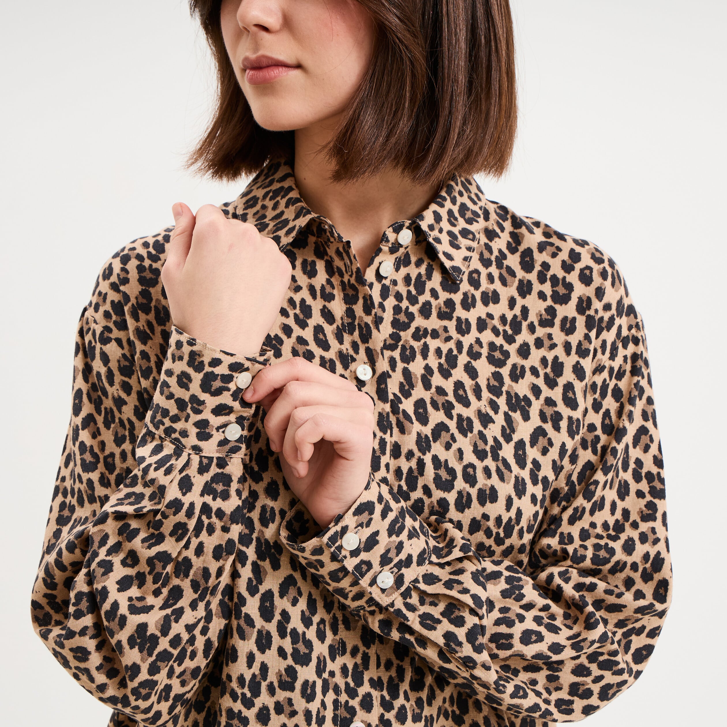 Chemise oversize lin m&eacute;lang&eacute; beige clair femme