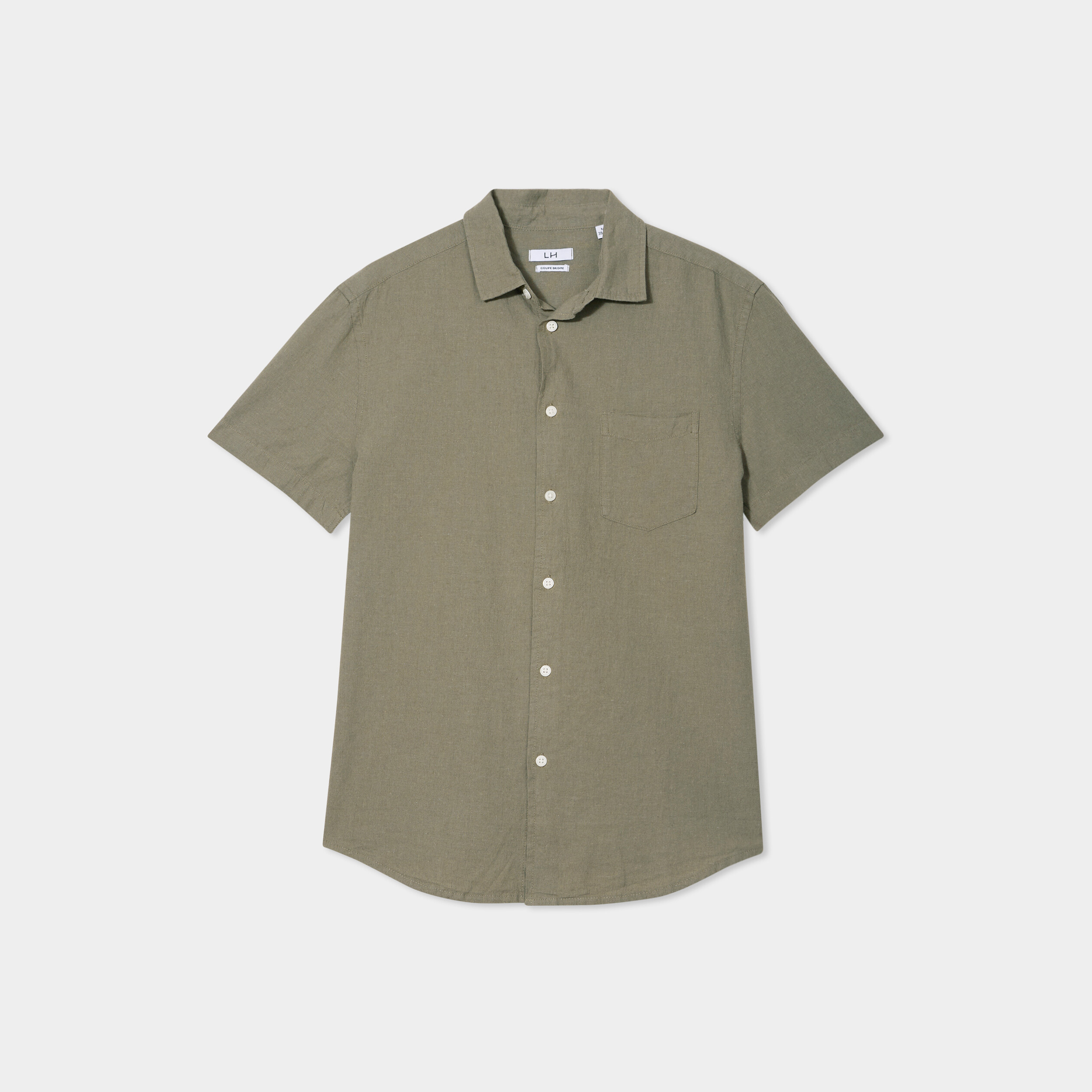 chemise manches courtes lin melange vert kaki homme Chemise manches courtes lin mélangé vert kaki homme