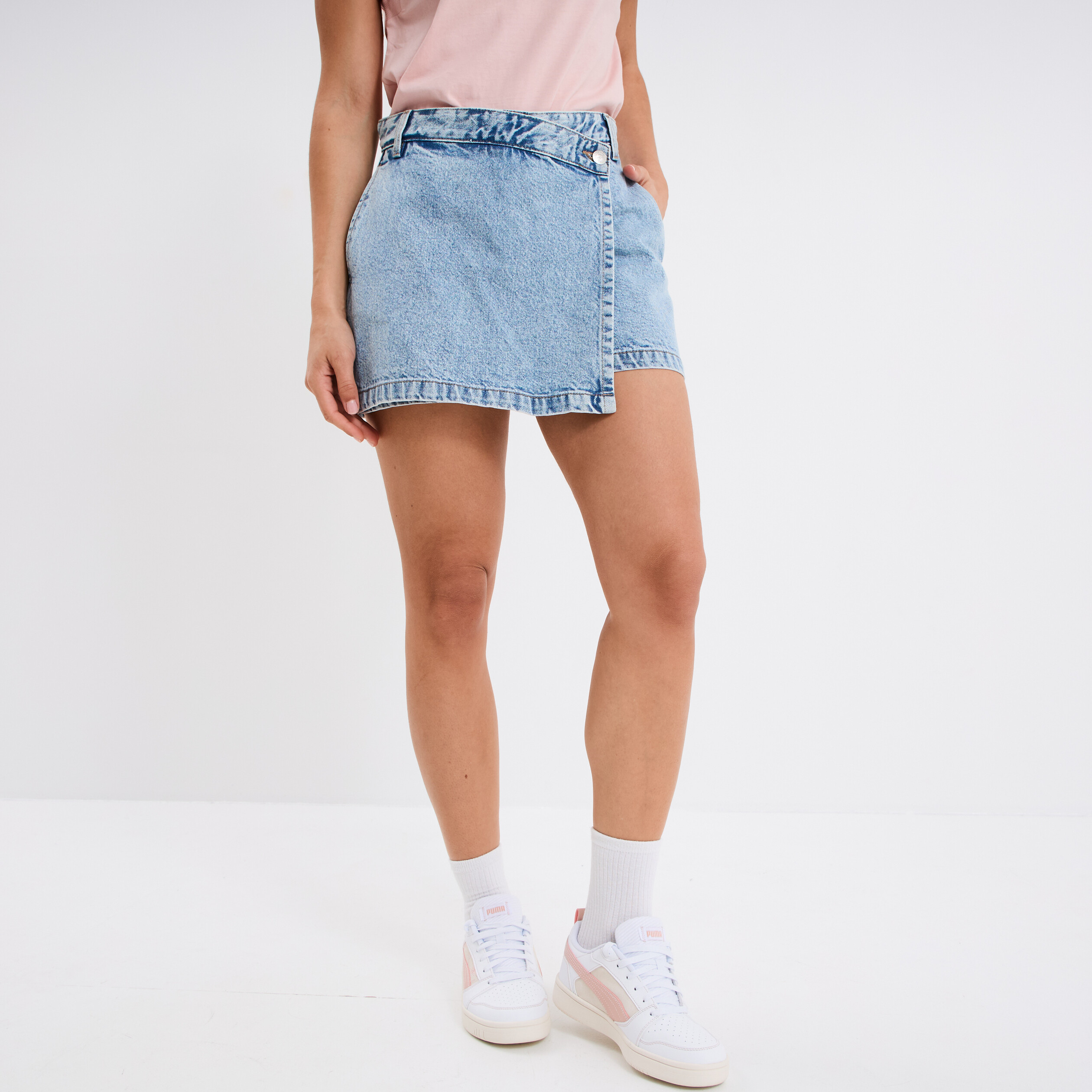 Jupe-short en jean coton denim bleach femme