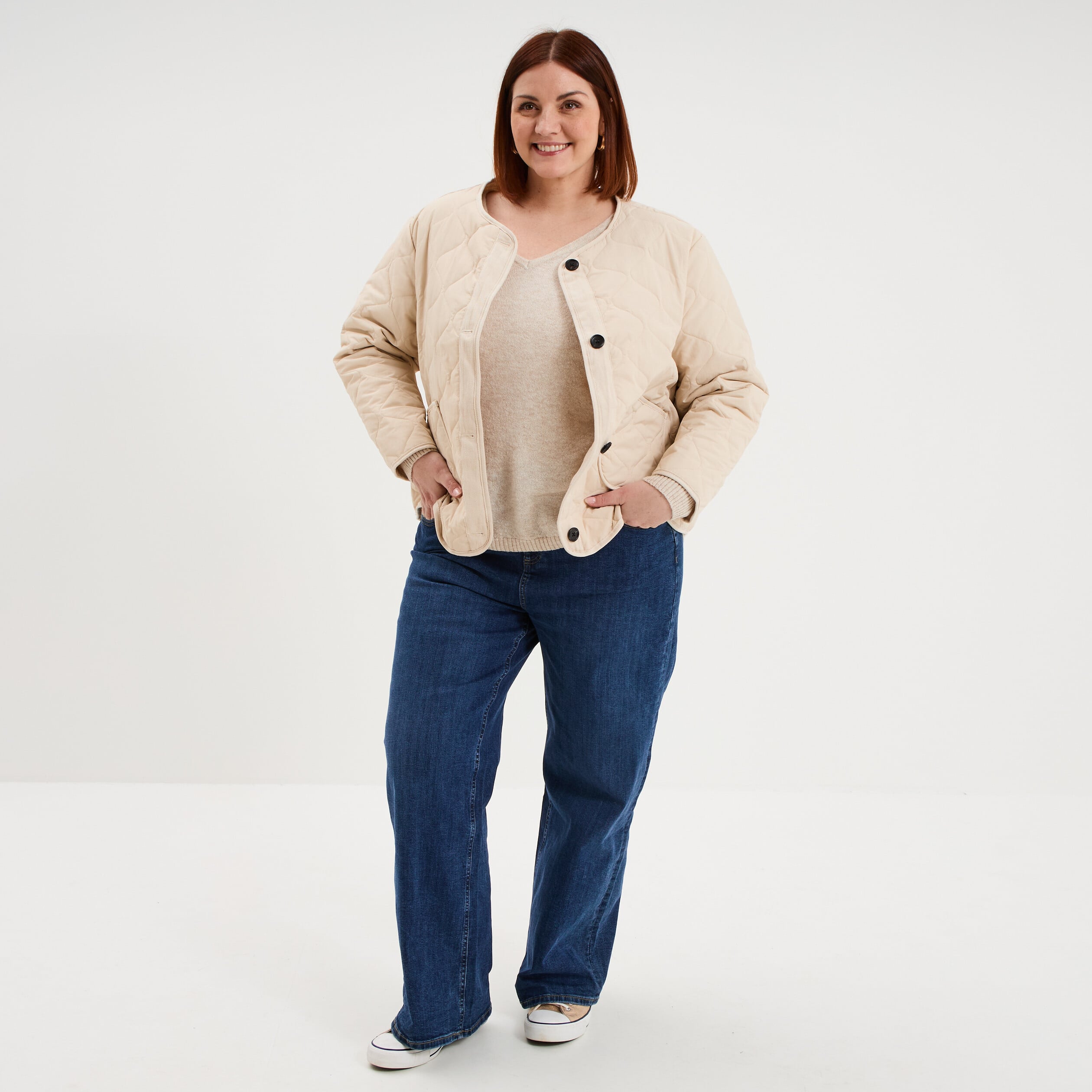 Pull col en V manches longues beige femme grande taille