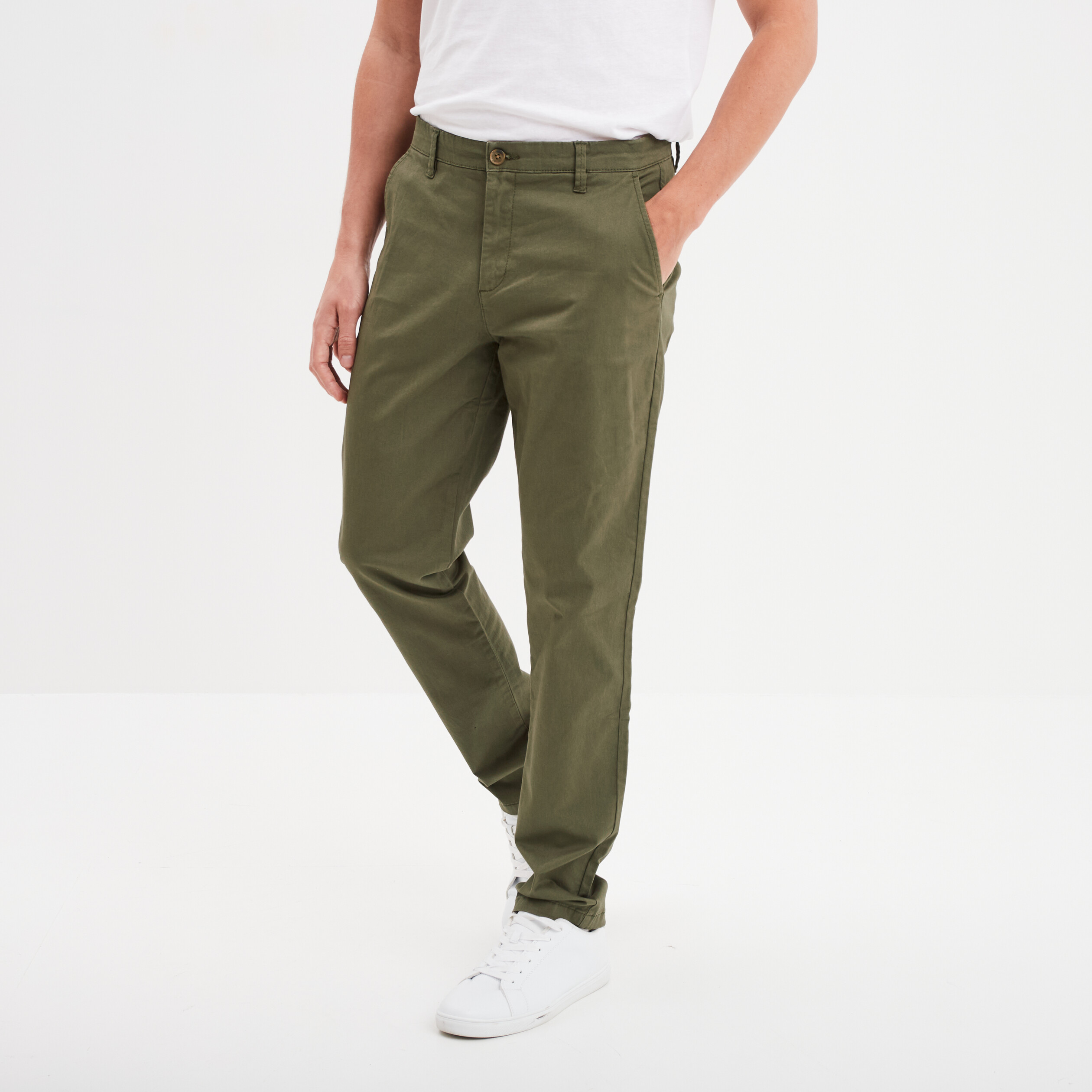 Pantalon chino droit stretch vert kaki homme