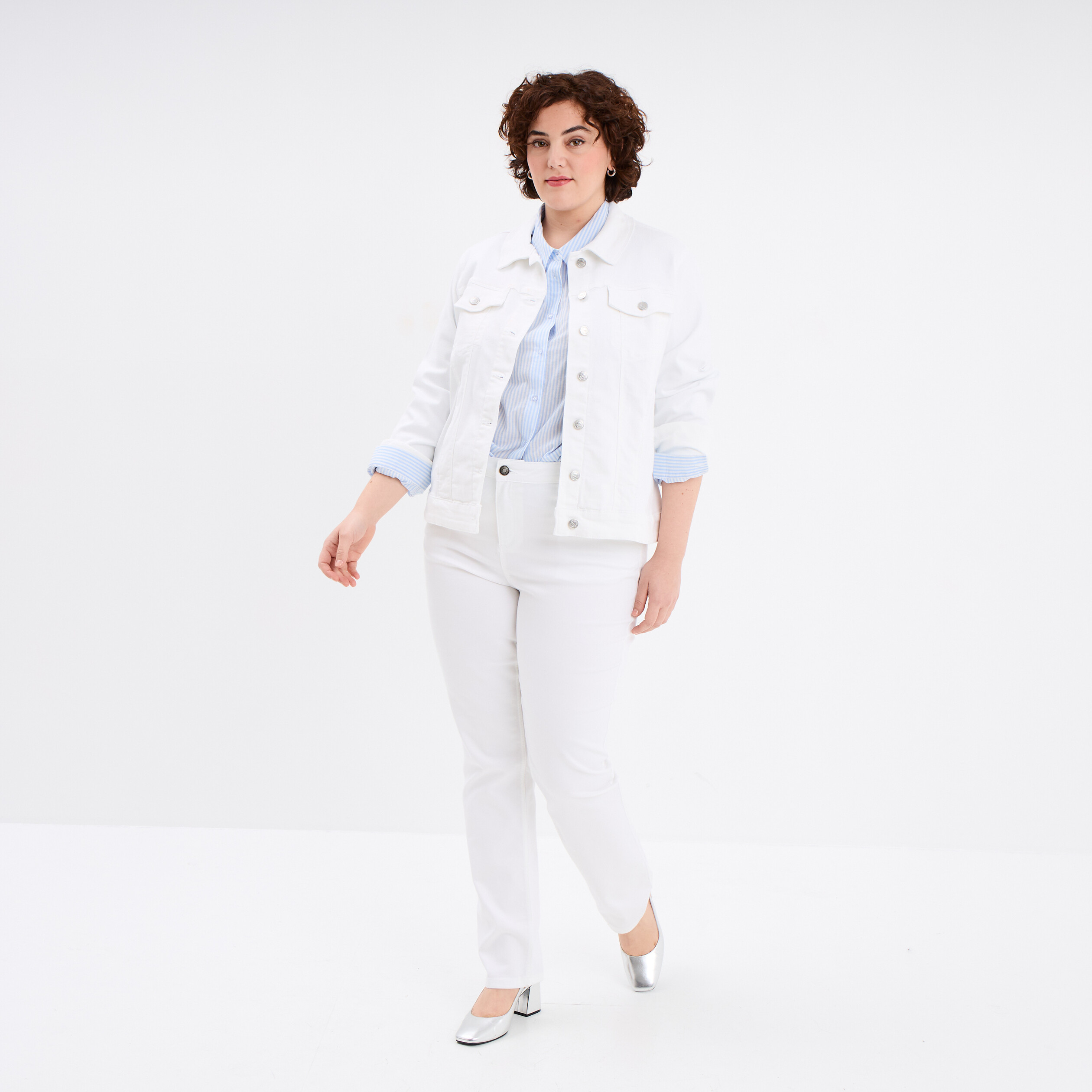 Pantalon droit taille haute extensible blanc femme grande taille