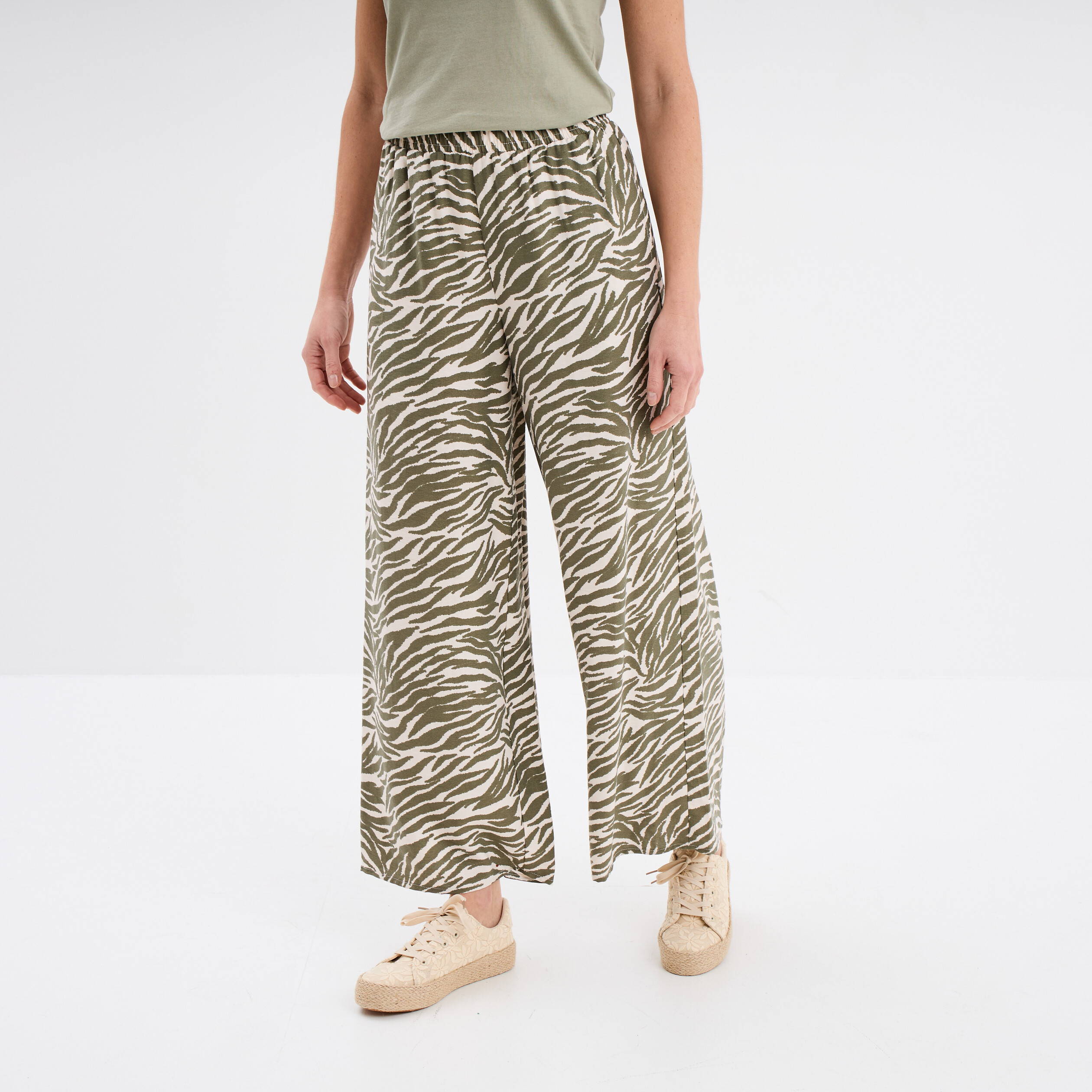 Pantalon large fluide taille élastiquée vert kaki femme