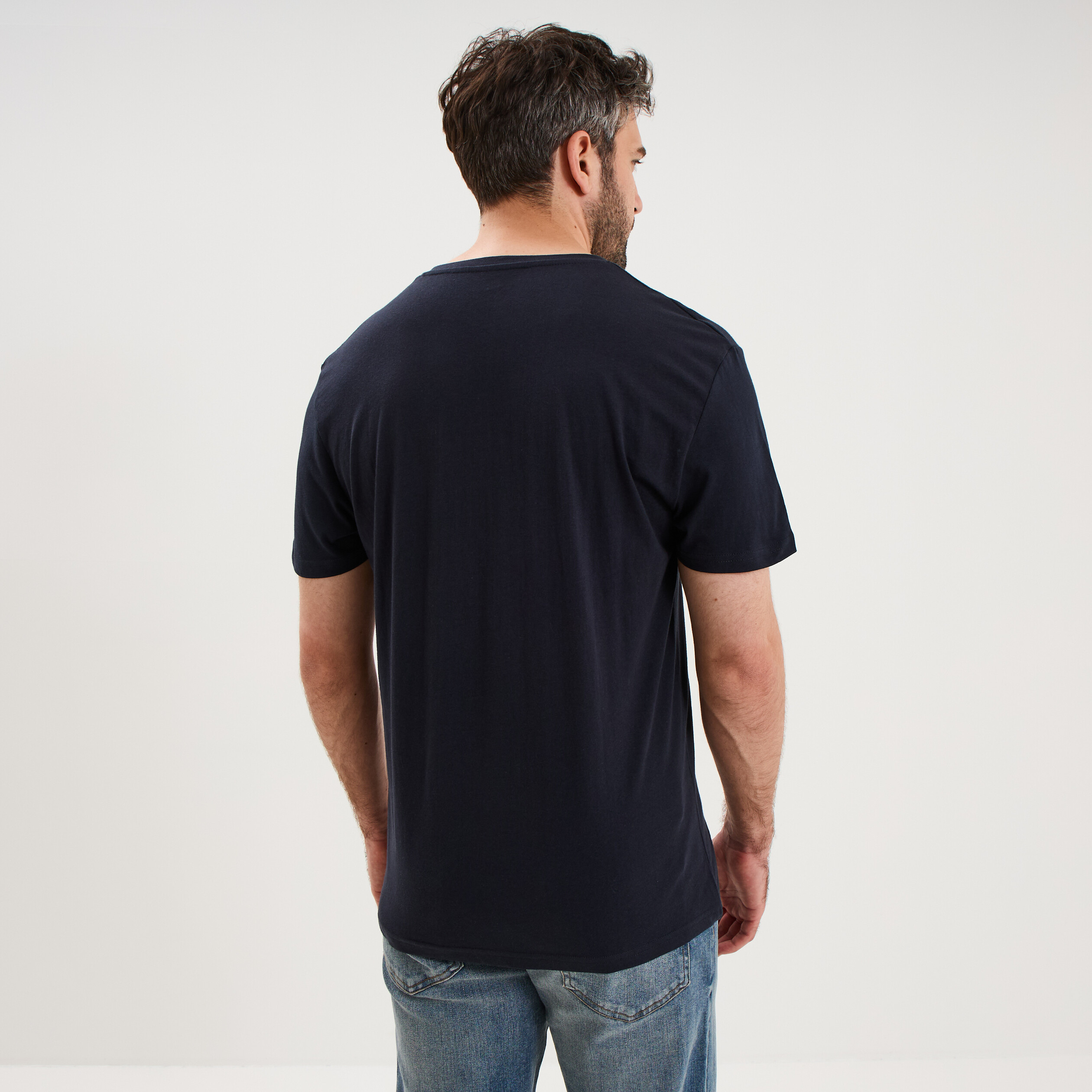 T-shirt manches courtes coton col V bleu marine homme