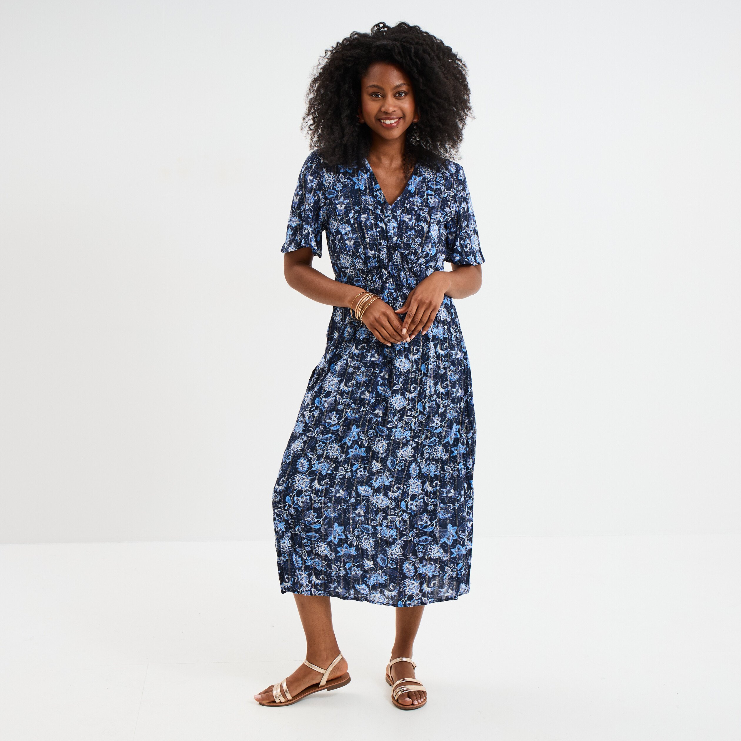 robe longue empire taille smockee creeks bleu marine femme Robe longue empire taille smockée Creeks bleu marine femme