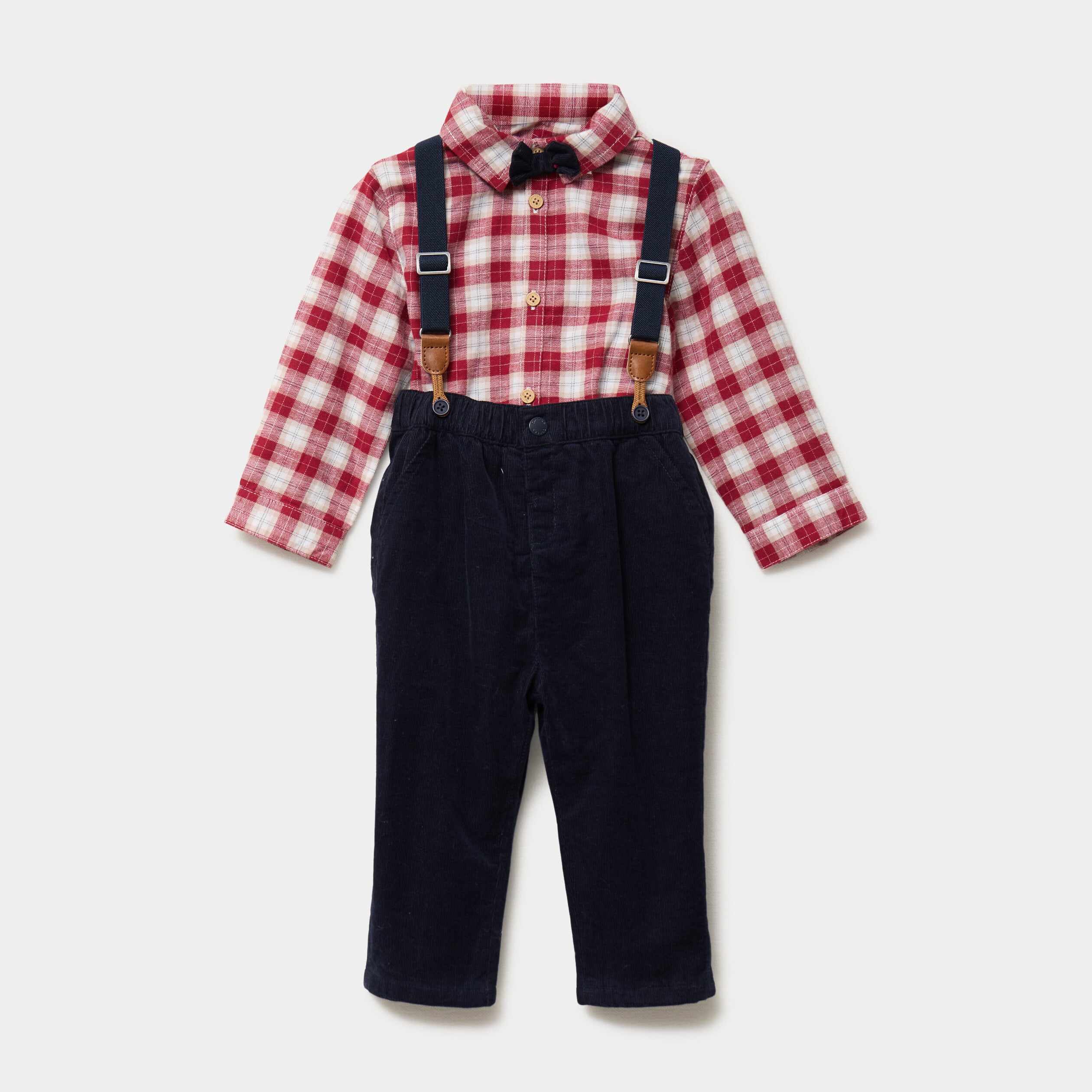 Ensemble chemise et pantalon bretelles rouge fonc&eacute; b&eacute;b&eacute; gar&ccedil;on