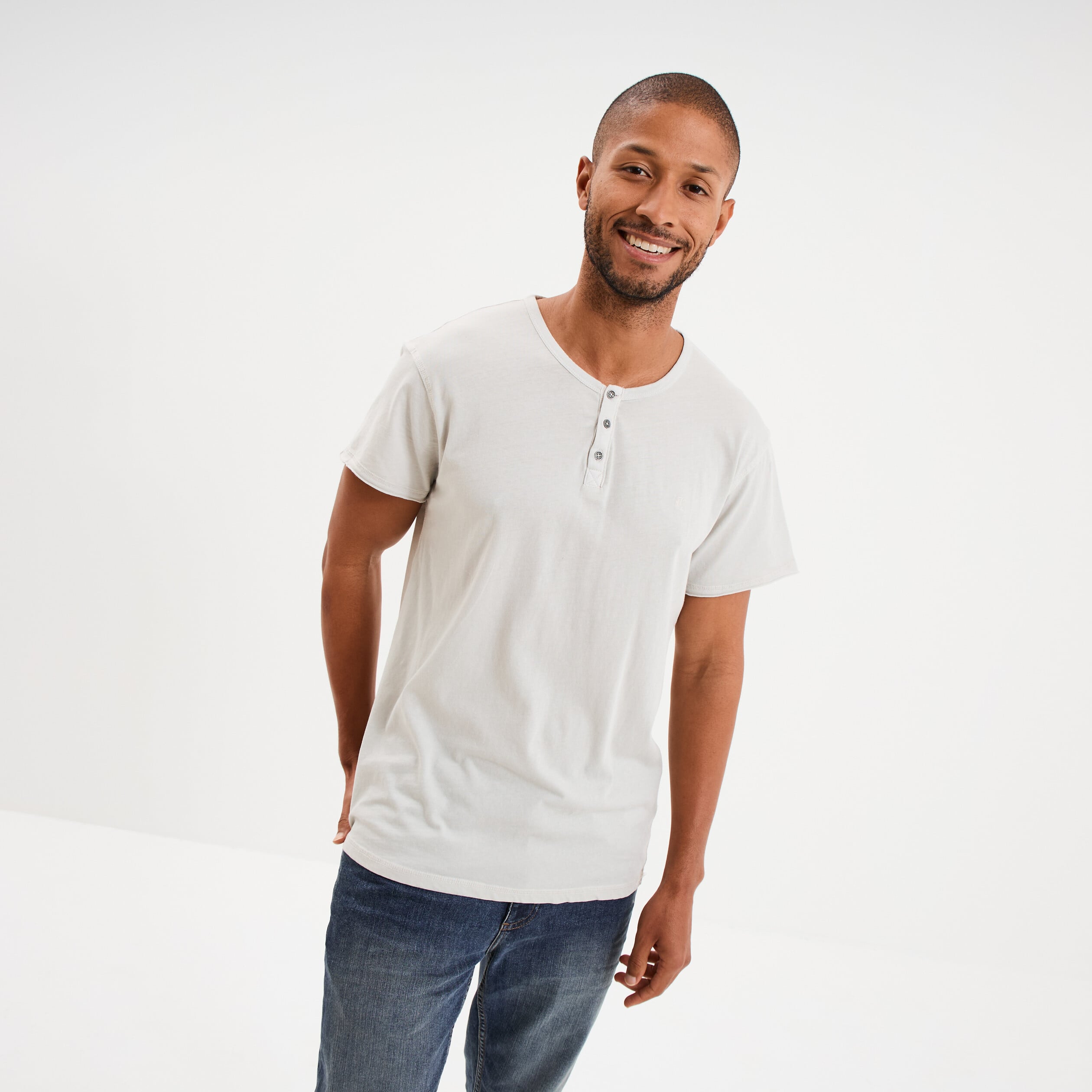 T-shirt col tunisien manches courte gris clair homme