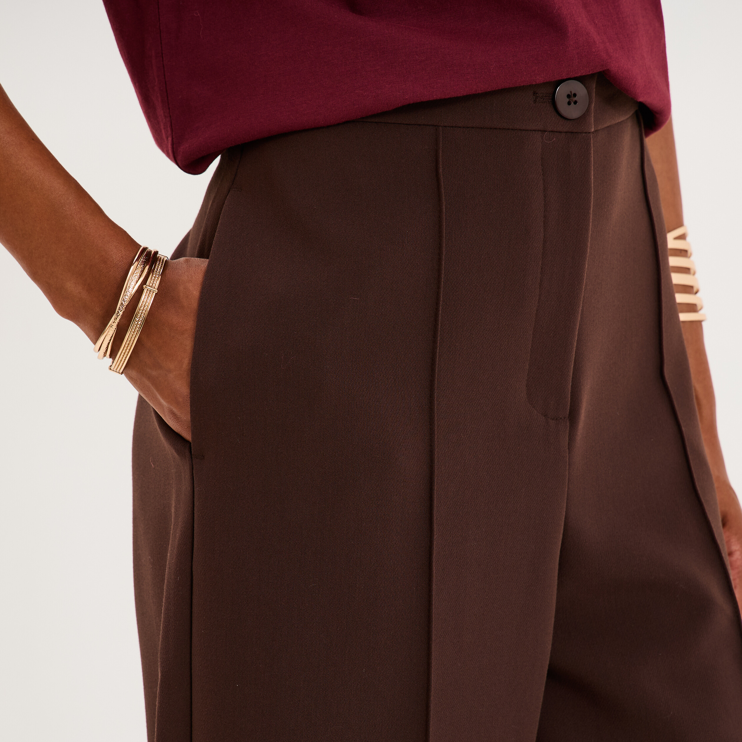Pantalon droit cropped taille haute marron fonc&eacute; femme