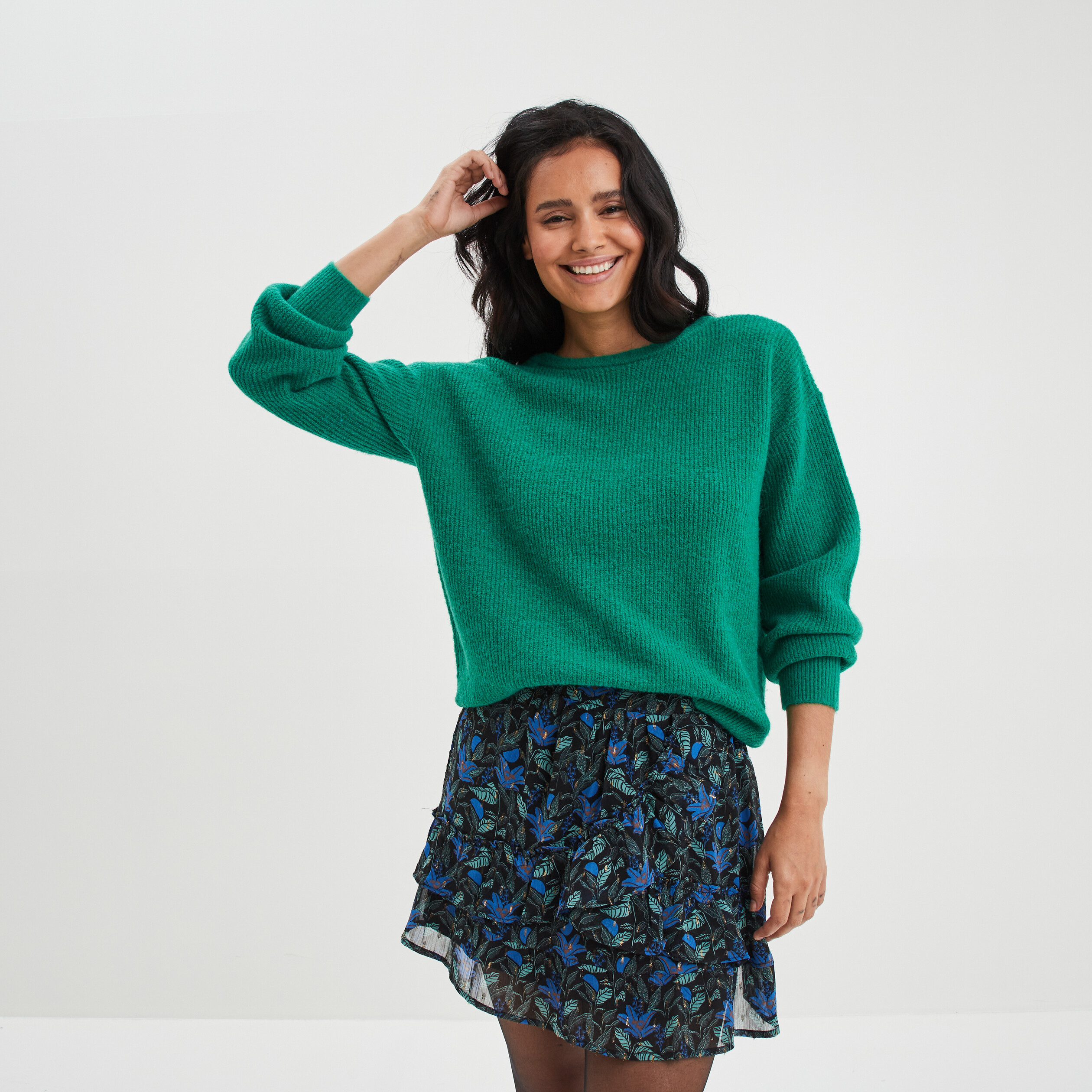 Pull réversible dos col en V vert émeraude femme