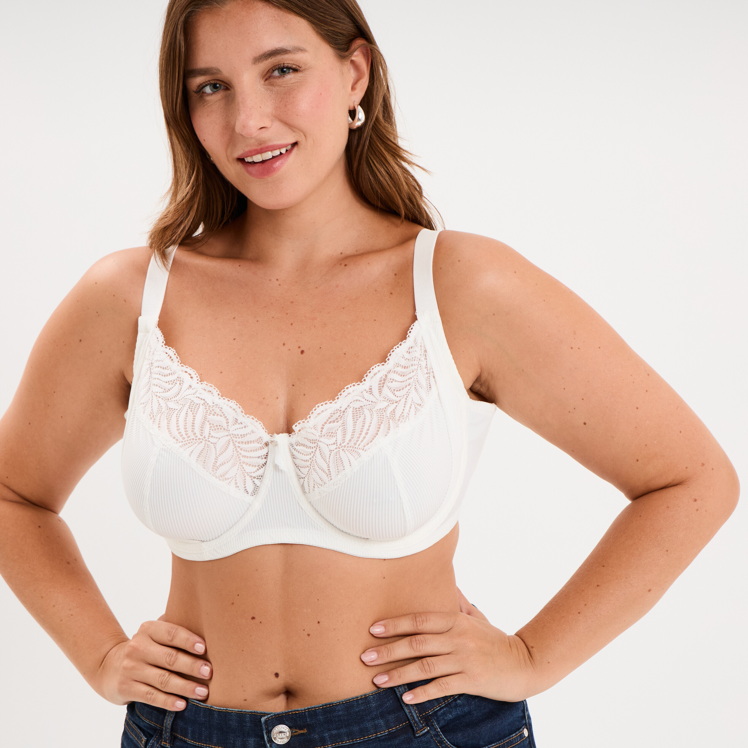Soutien-gorge dentelle embo&icirc;tant c&ocirc;tel&eacute; blanc femme grande taille