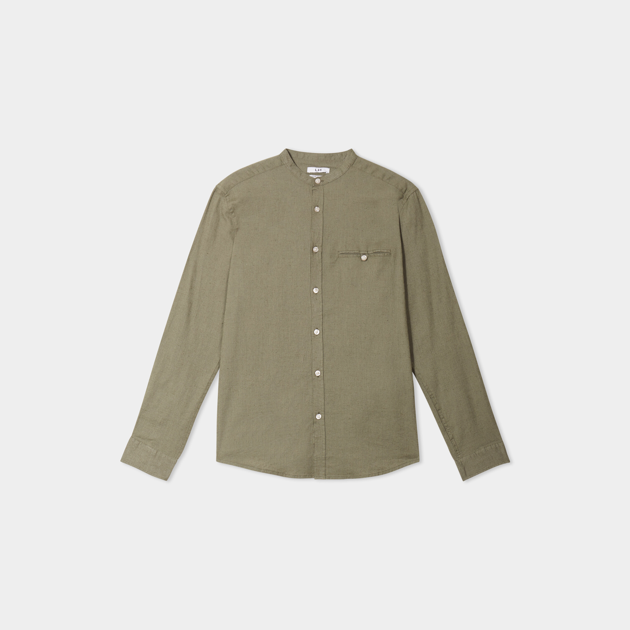chemise col mao lin melange vert kaki homme Chemise col mao lin mélangé vert kaki homme