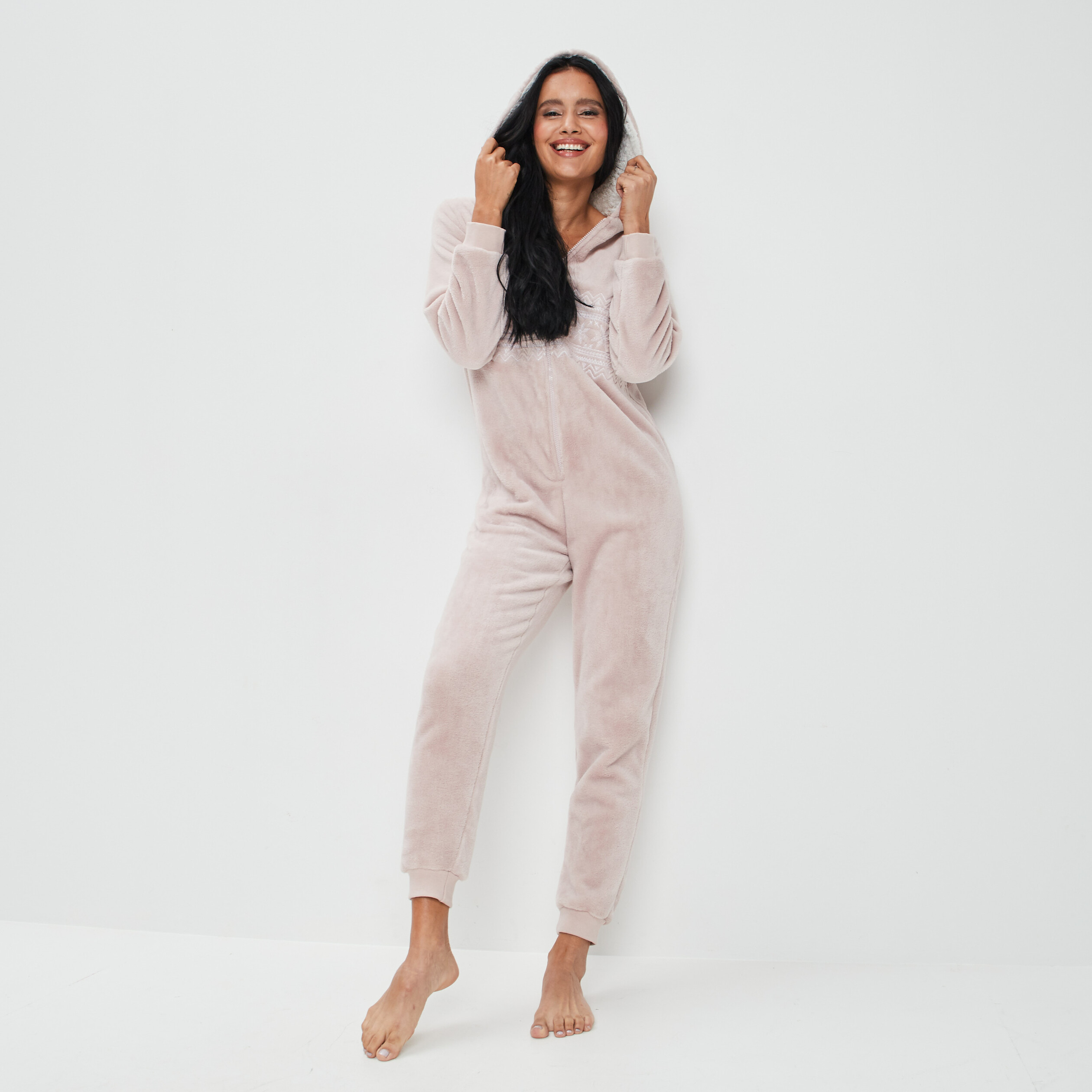 Combinaison pyjama à capuche rose clair femme