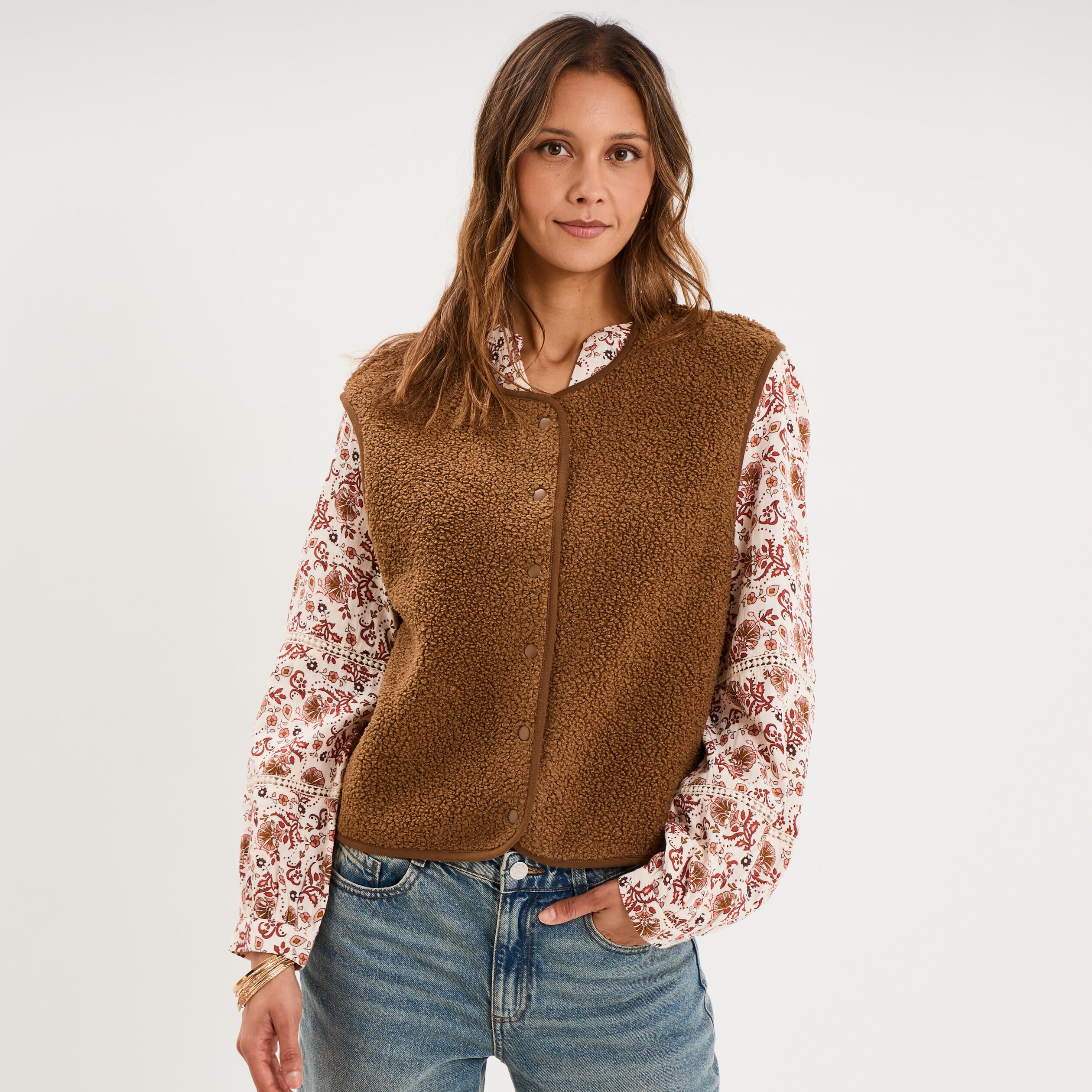 Veste sans manches effet polaire vert kaki femme