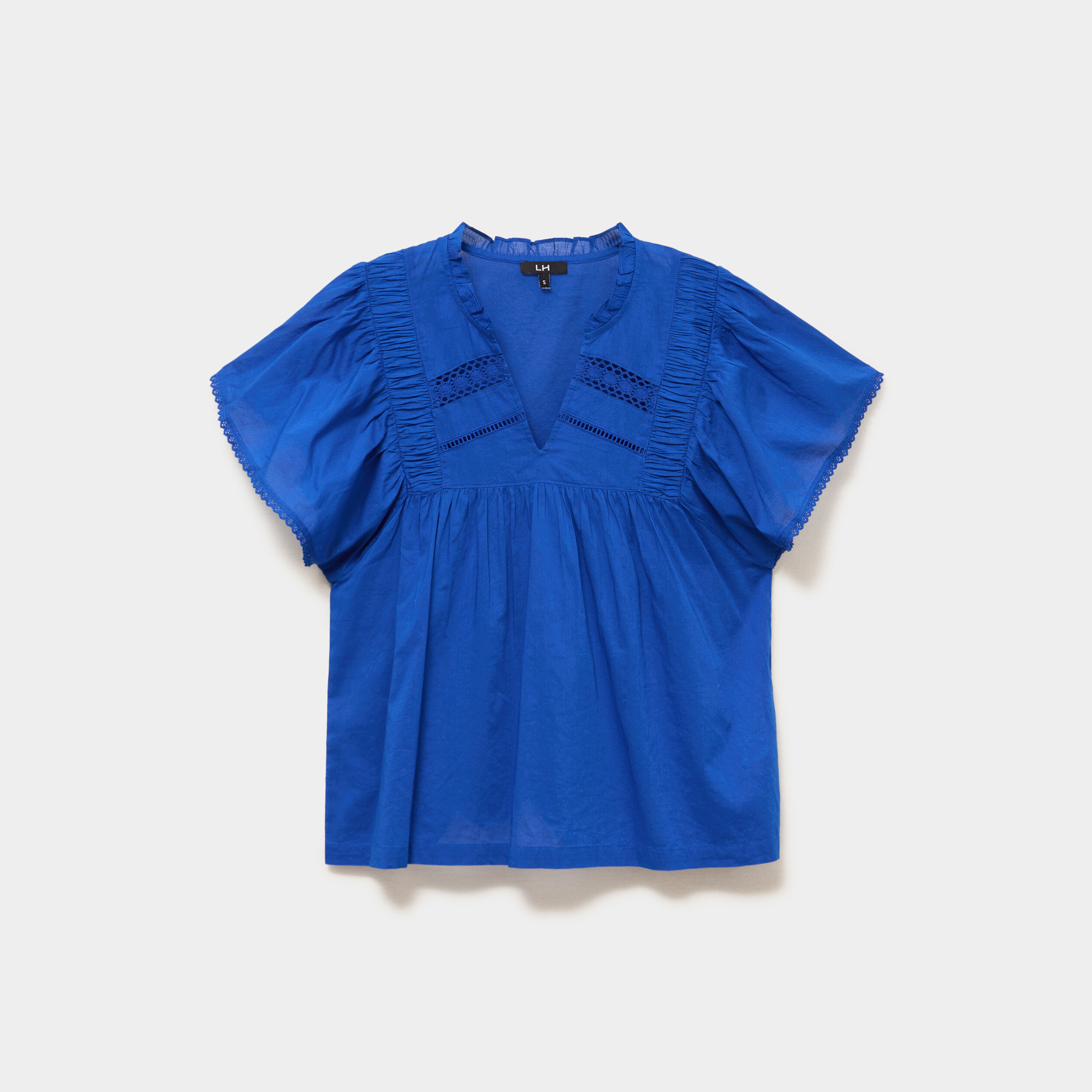 Blouse fluide l&eacute;g&egrave;re avec volants coton bleu electrique femme