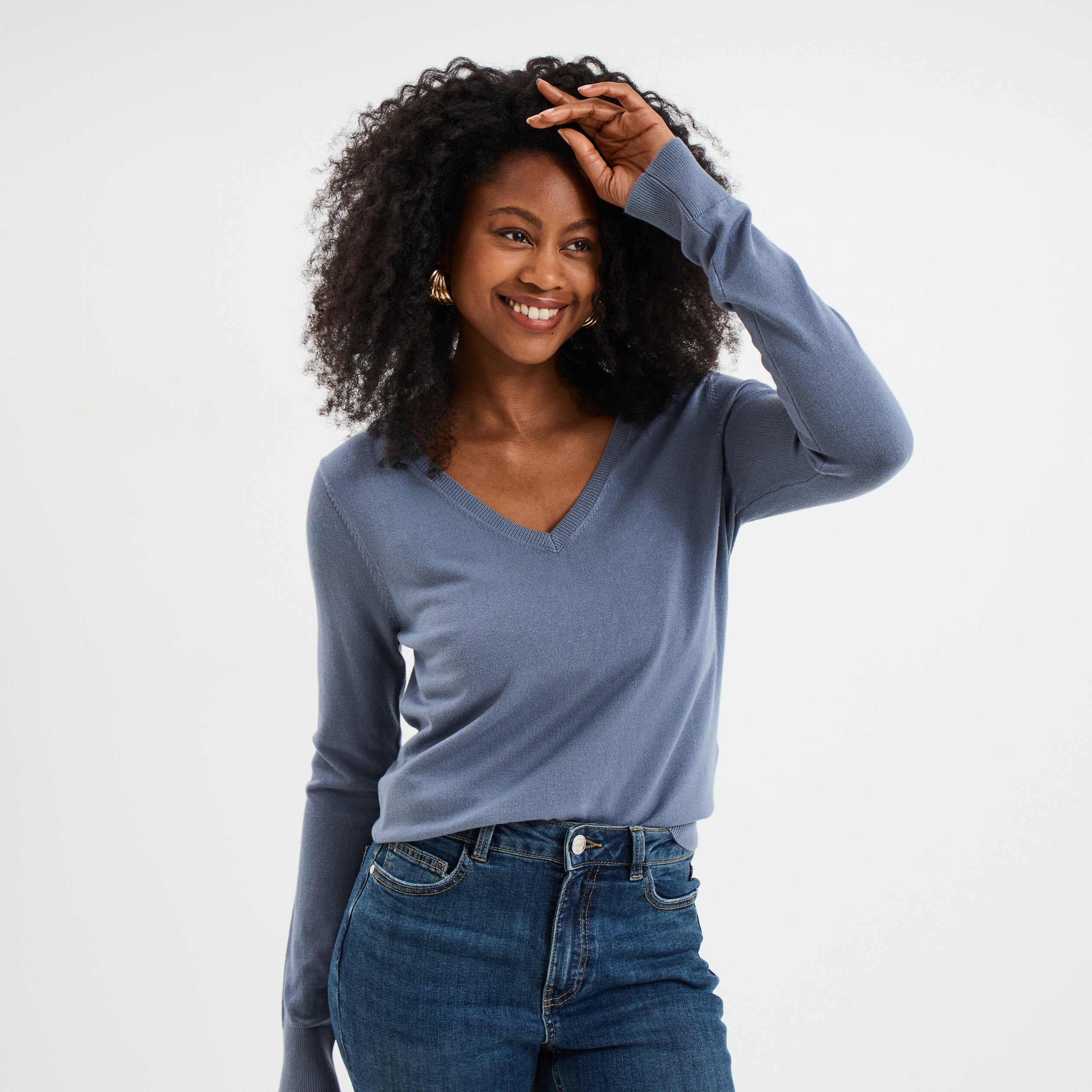 pull col en v manches longues bleu gris femme Pull col en V manches longues bleu gris femme