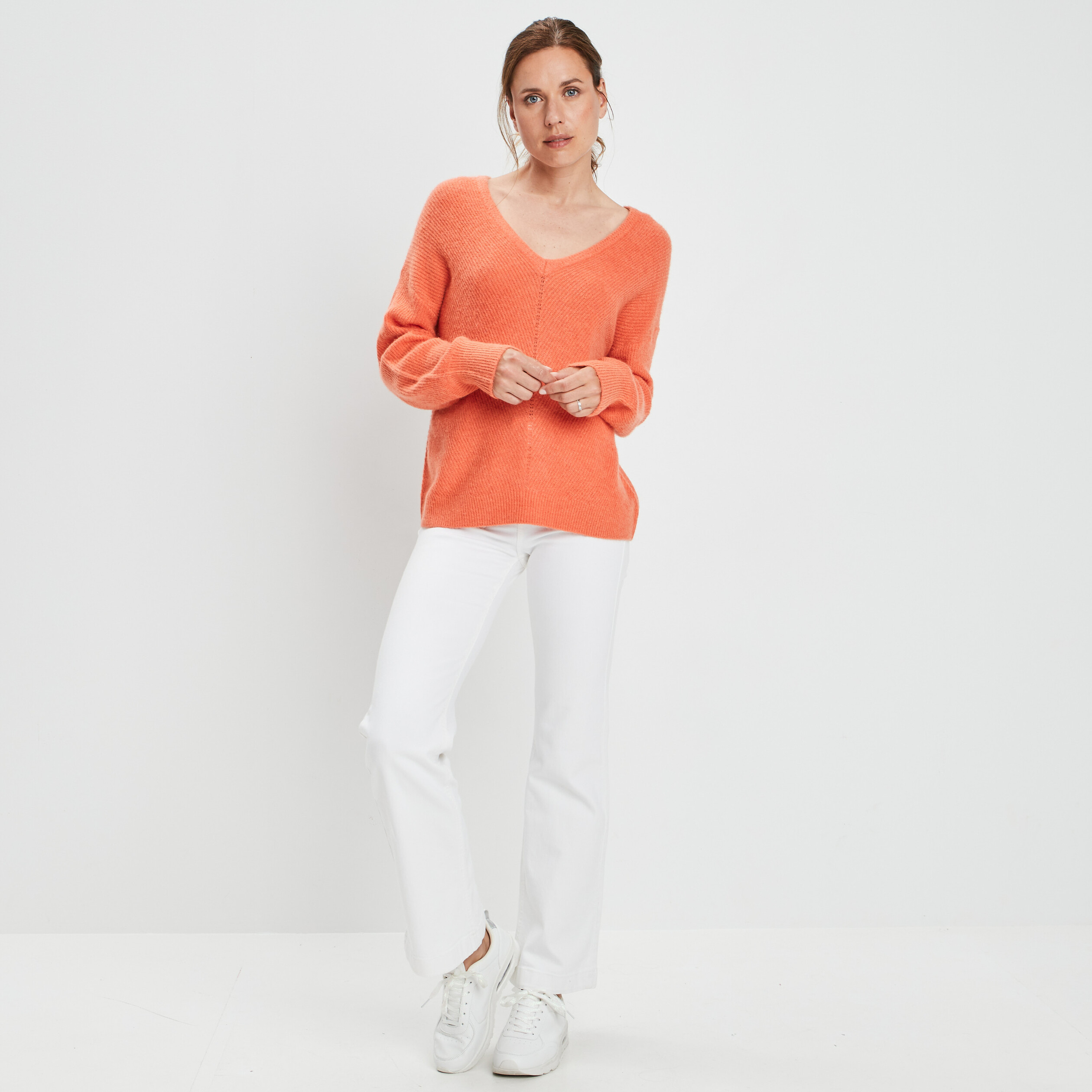 Pull recto verso manches longues orange corail femme
