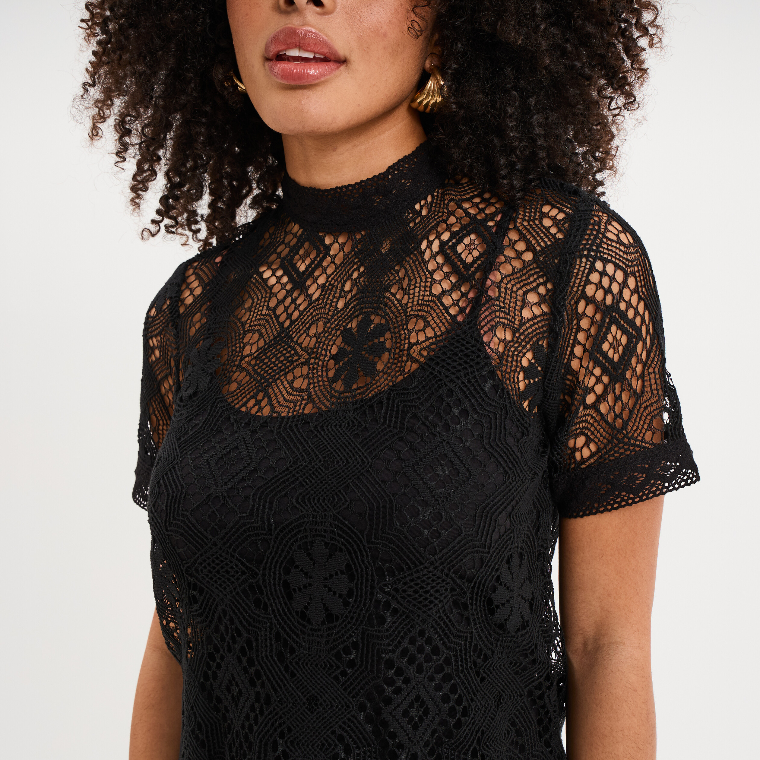 T-shirt dentelle manches courtes noir femme