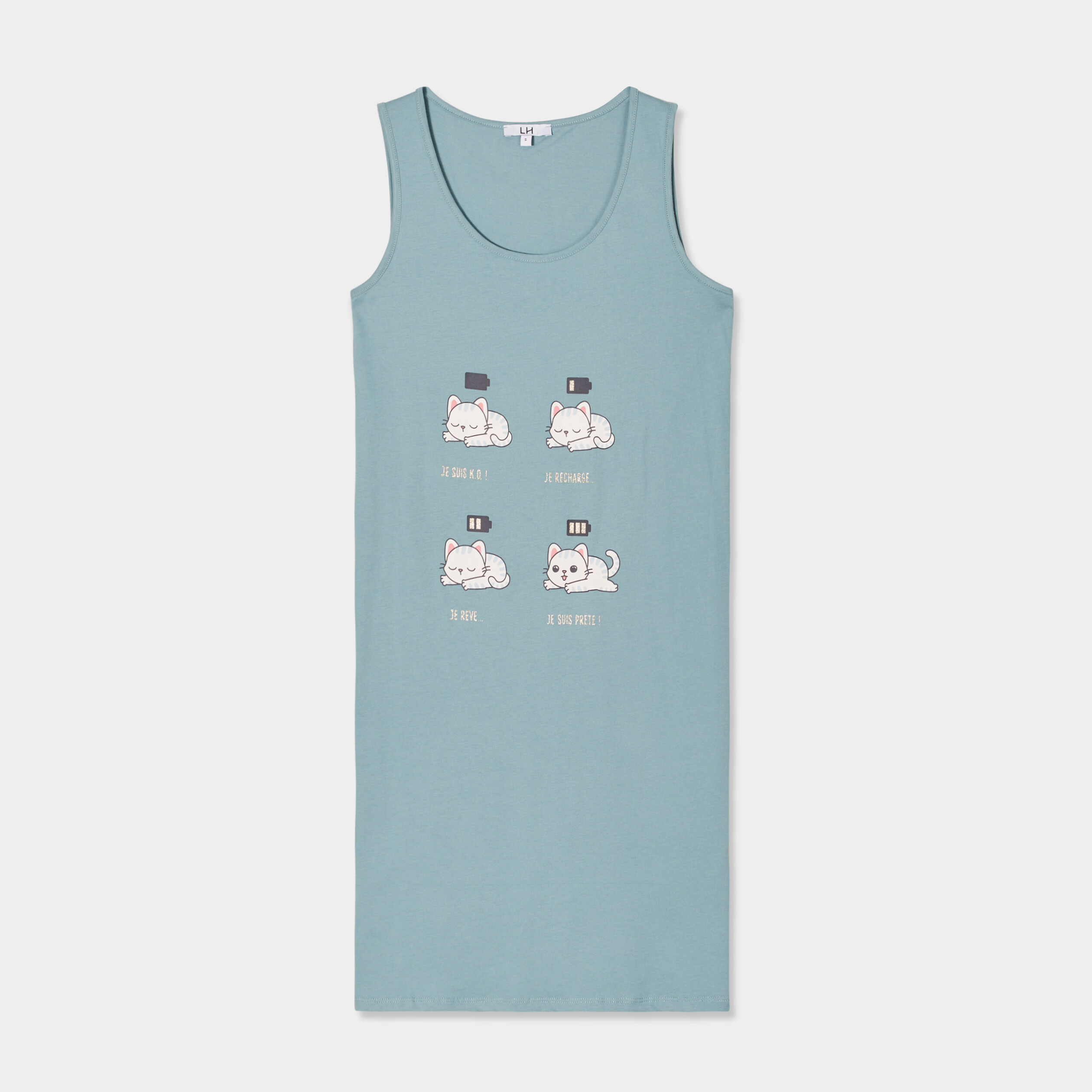 Chemise de nuit sans manches coton bleu gris femme