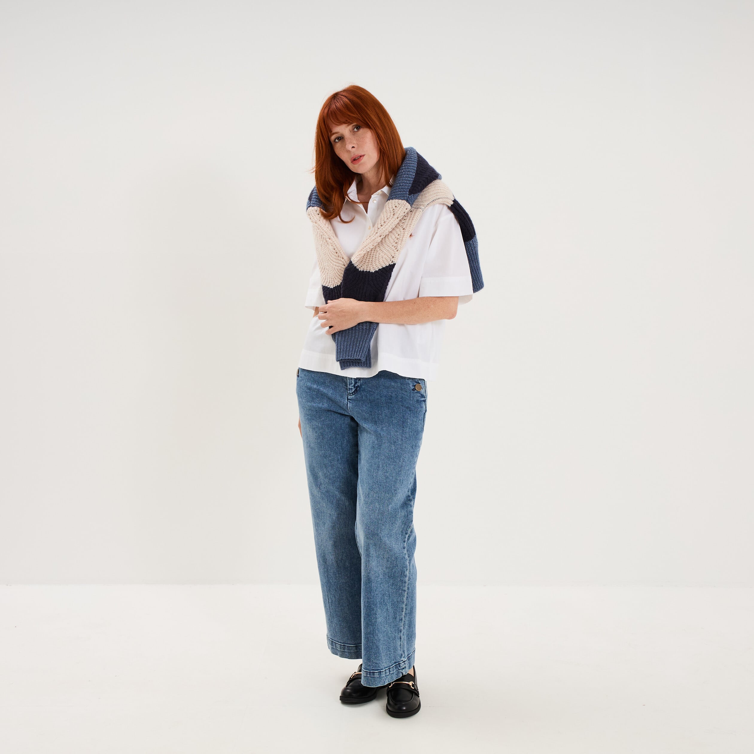 Jean large cropped &agrave; pont taille haute denim triple stone femme