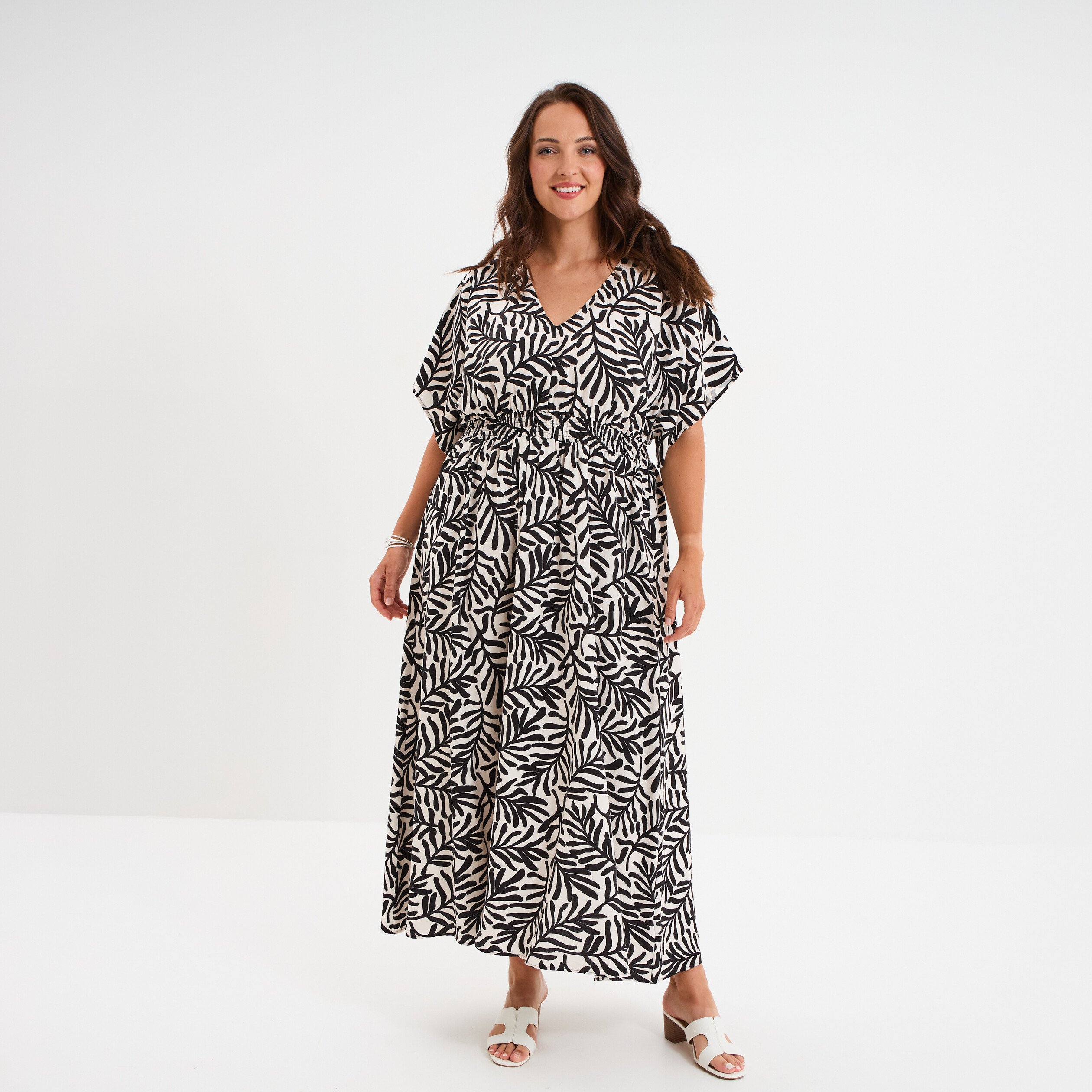 Robe longue fluide manches 3/4 blanc femme grande taille
