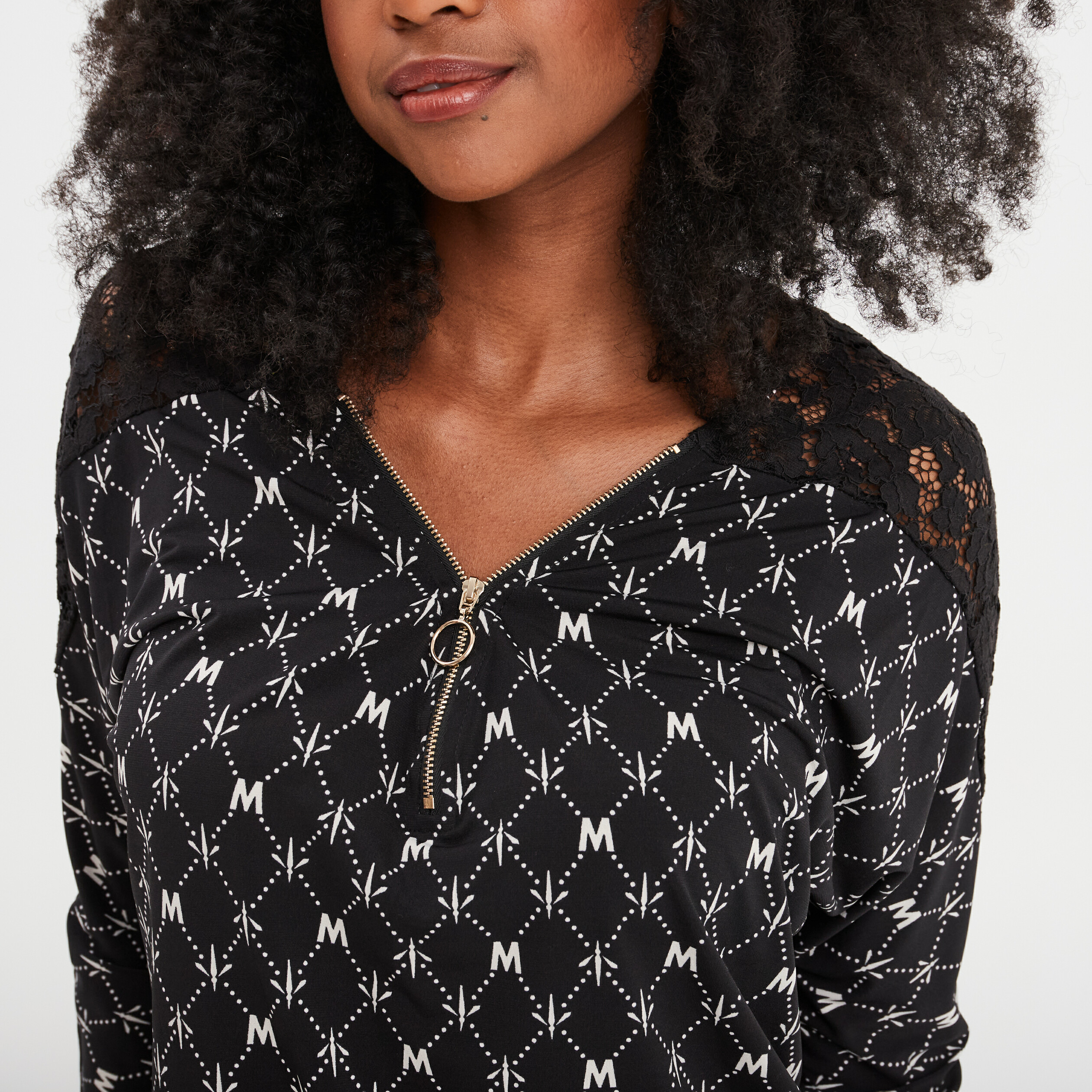 T-shirt col zippé manches 3/4 noir femme