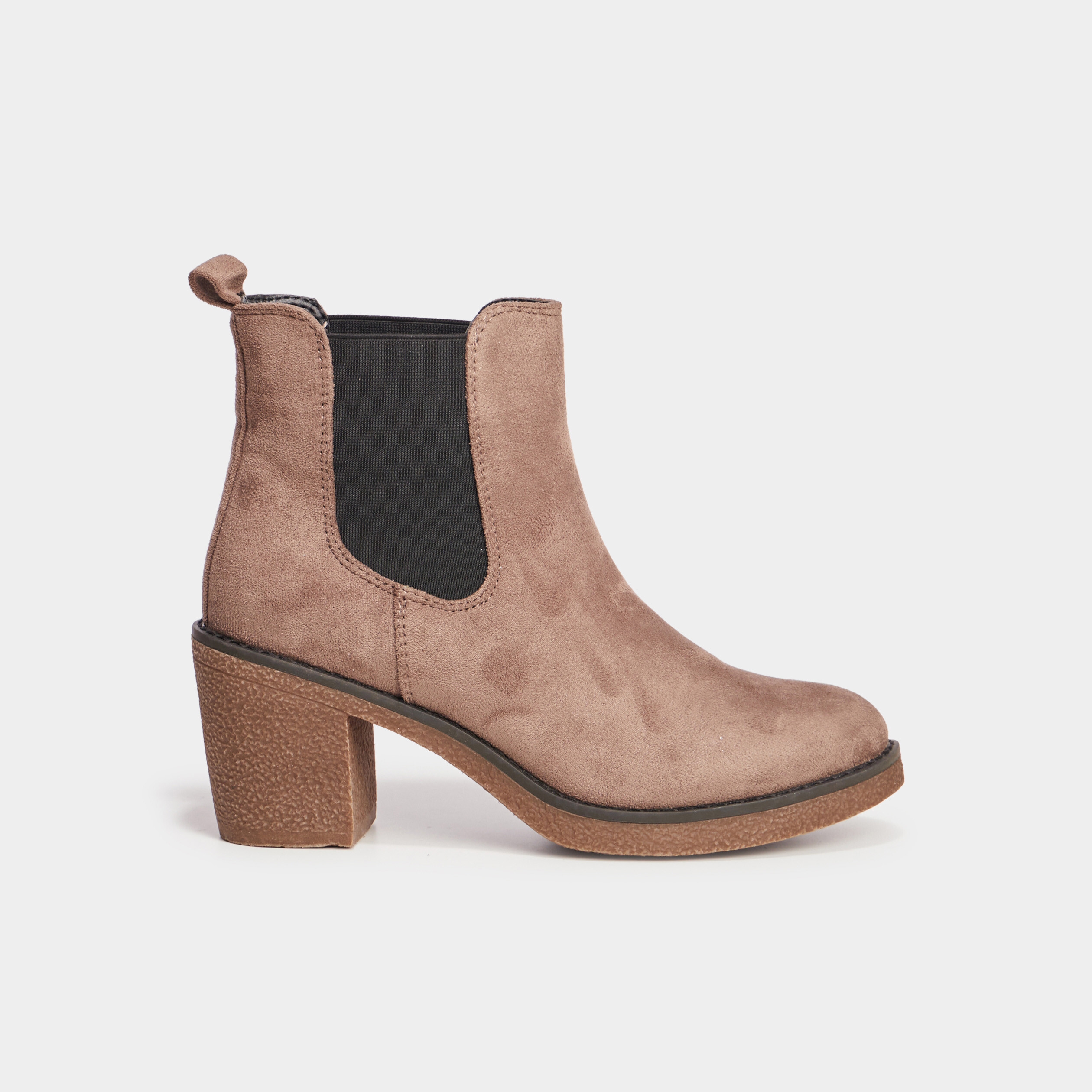 Bottines chelsea &agrave; talons aspect su&eacute;dine taupe femme