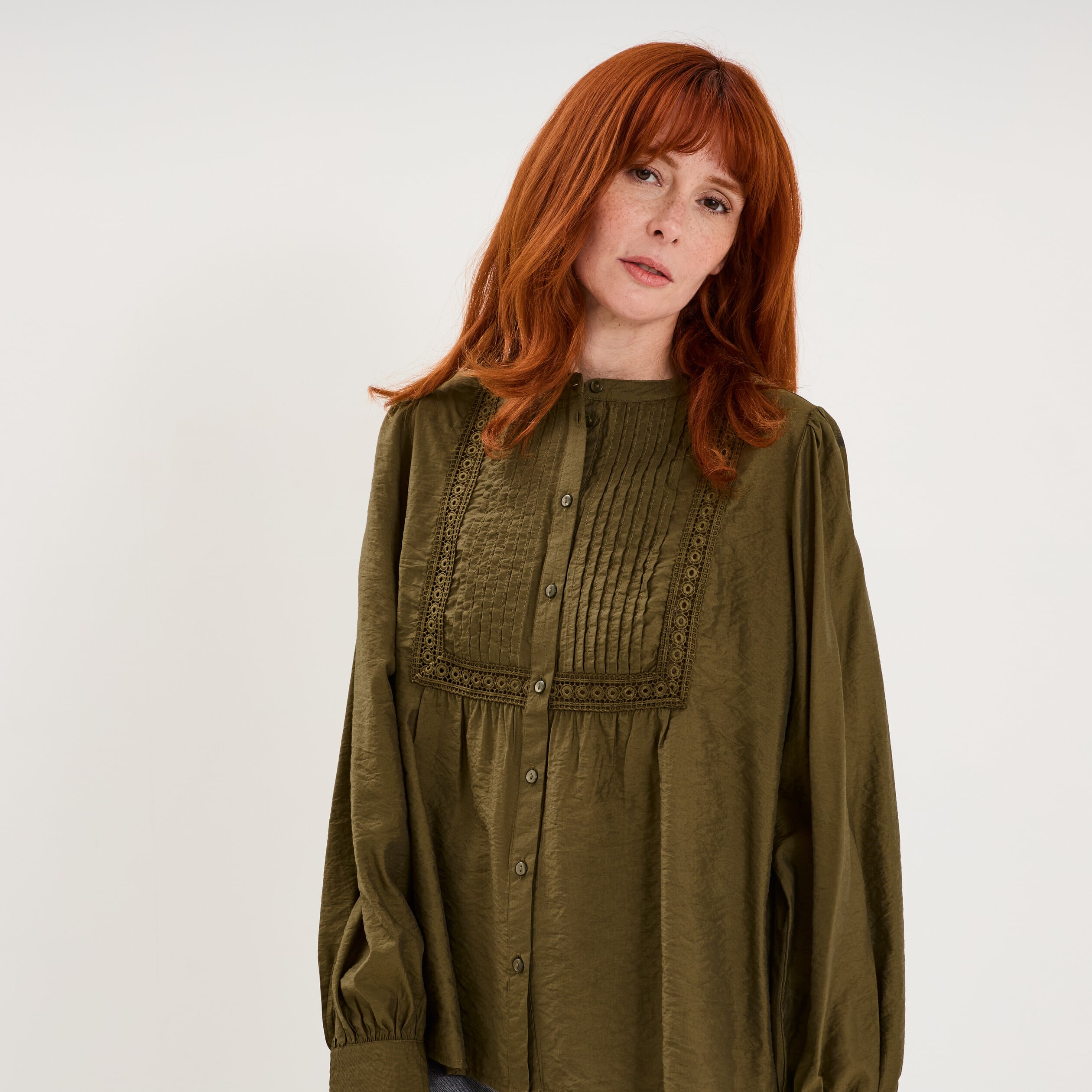 Blouse manches longues galons et fronces vert kaki femme