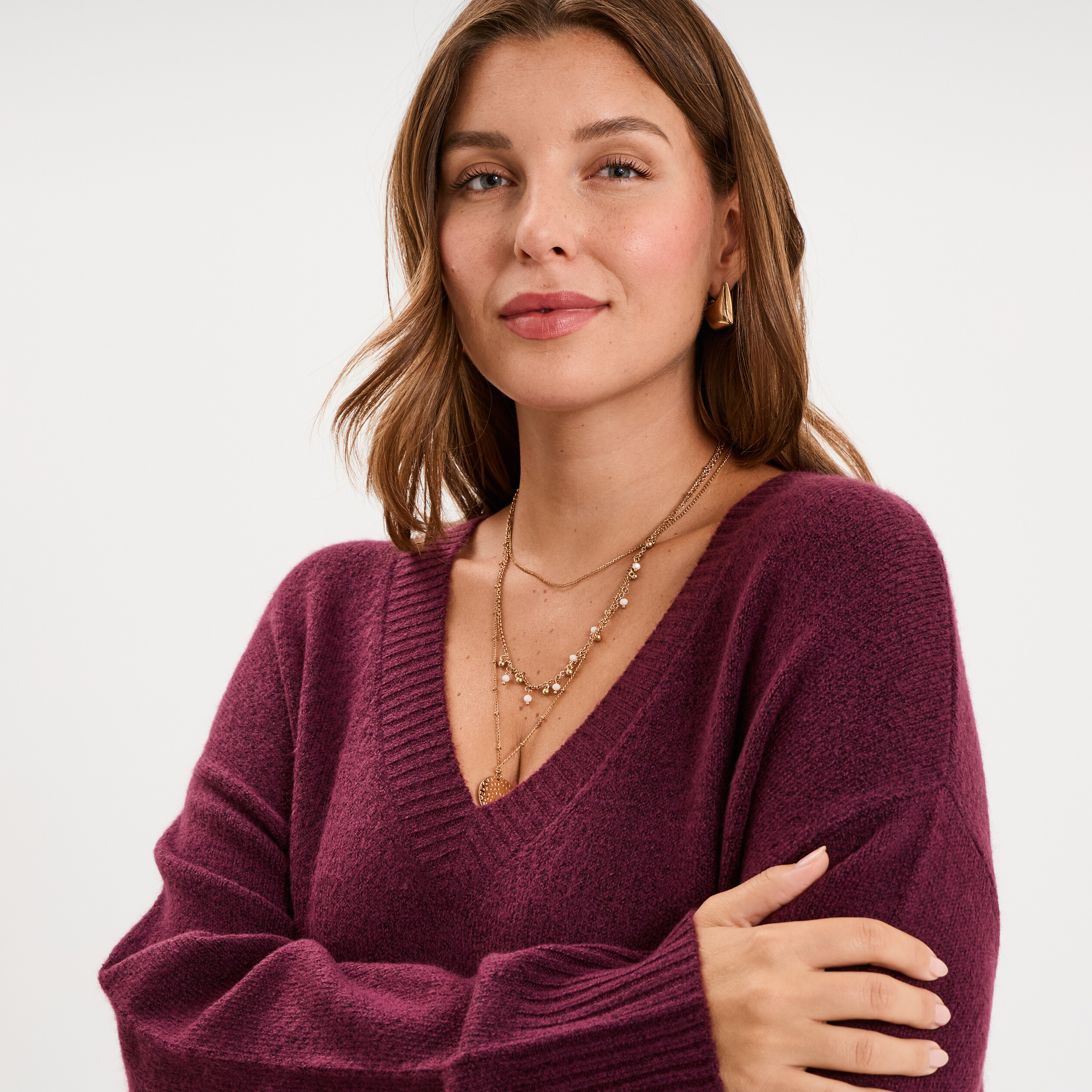 Pull droit col en V manches longues prune femme grande taille
