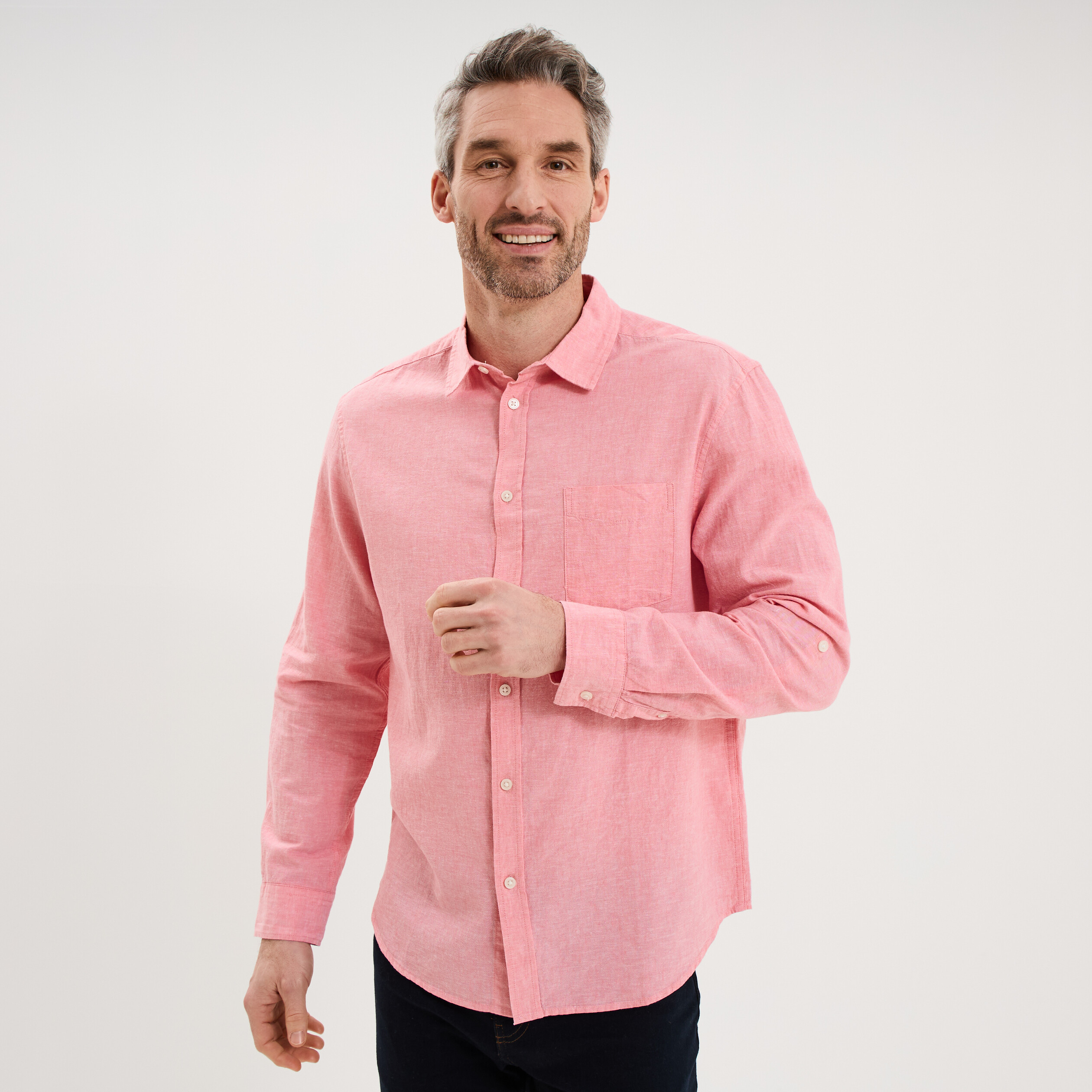 Chemise manches longues lin m&eacute;lang&eacute; rose fushia homme