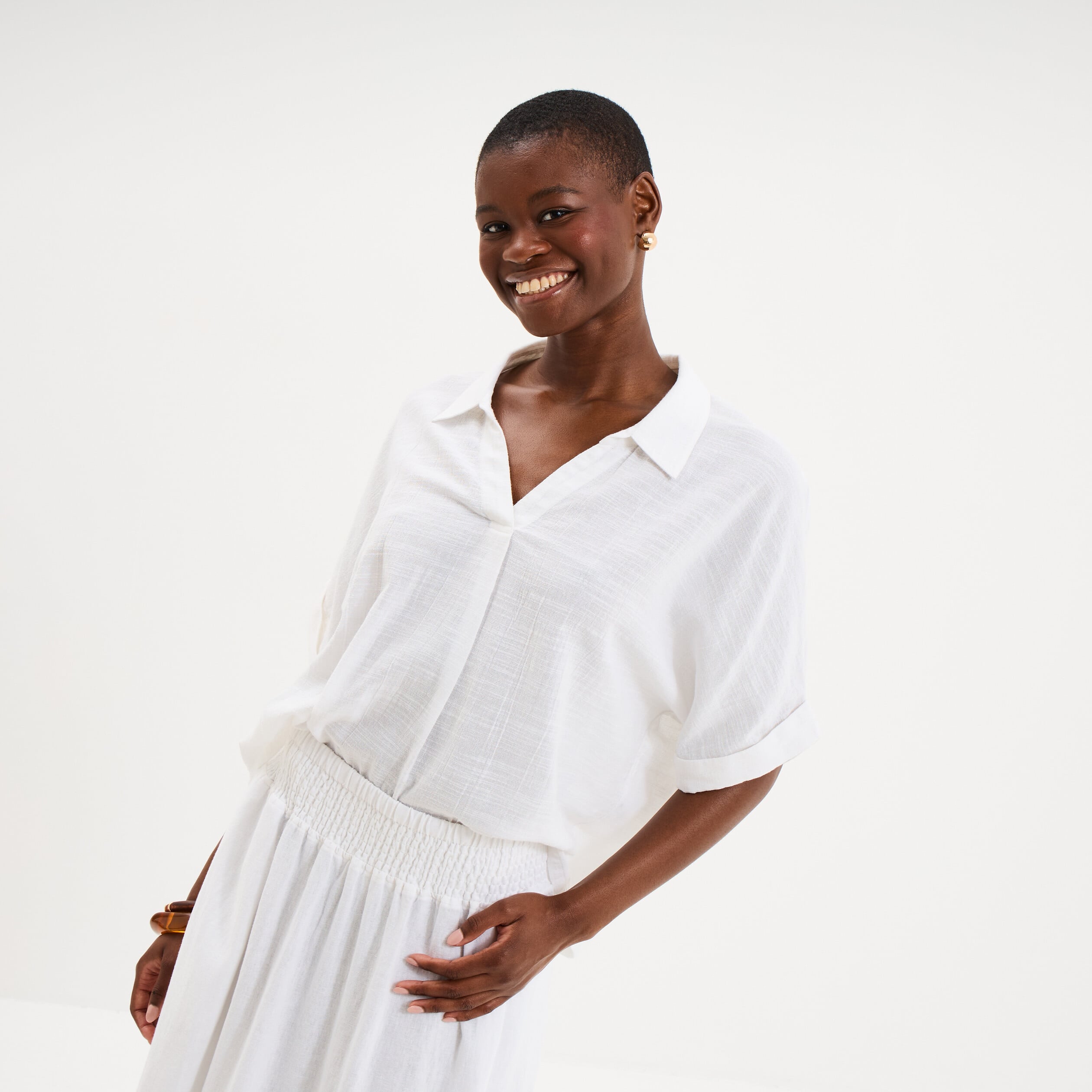 Blouse col chemise oversize coton blanc femme
