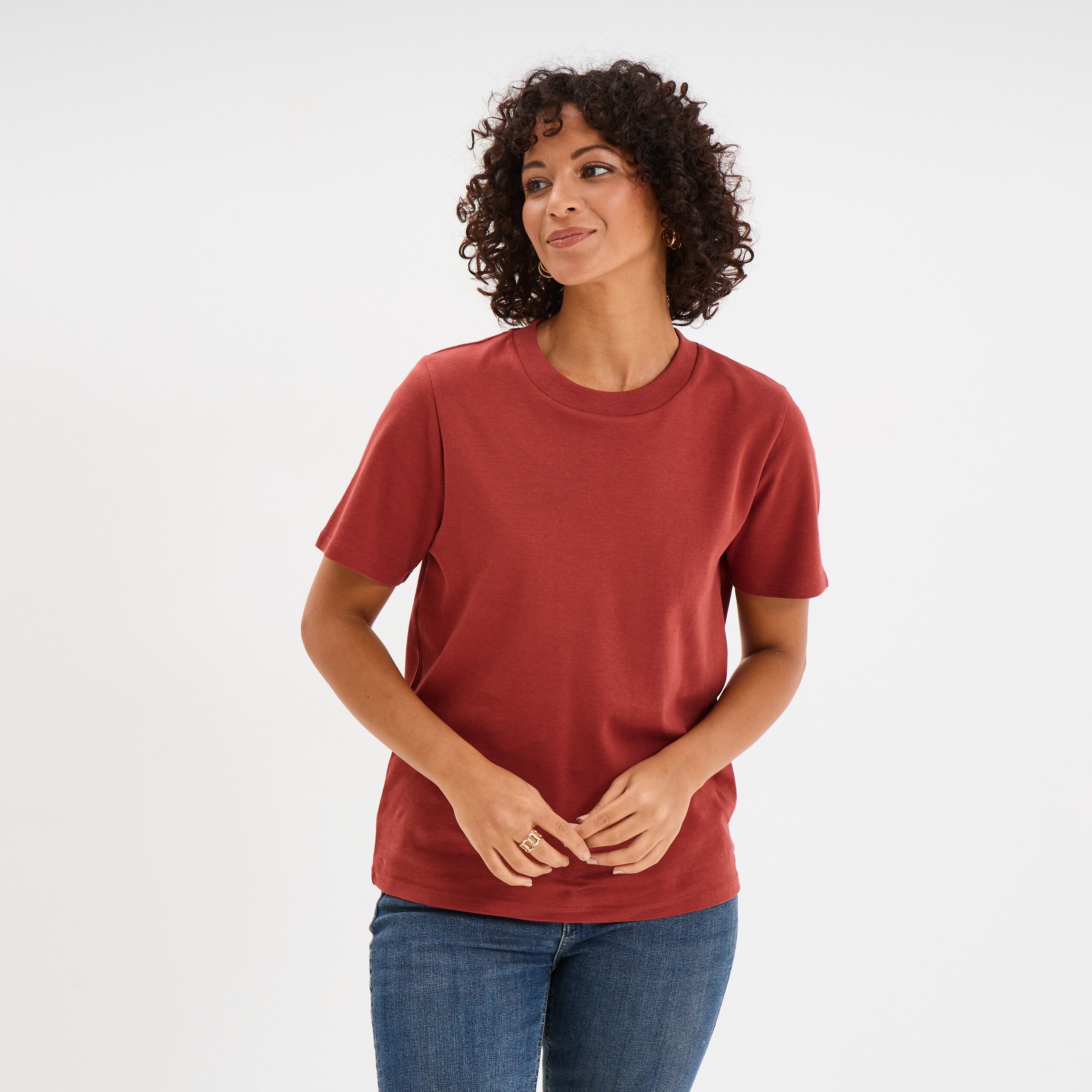 t shirt col rond manches courtes coton rouge fonce femme T-shirt col rond manches courtes coton rouge foncé femme