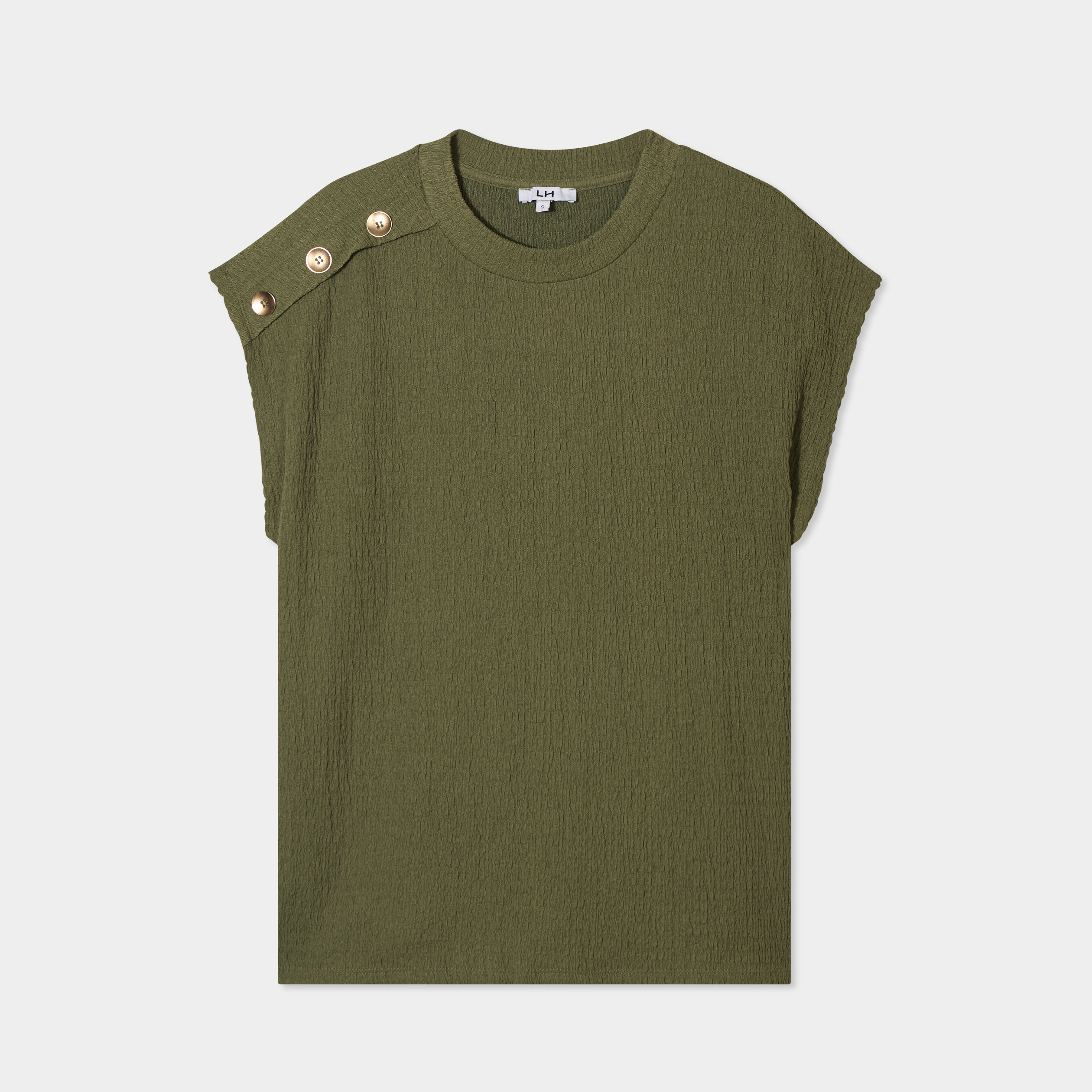 T-shirt gaufr&eacute; col rond avec boutons vert kaki femme