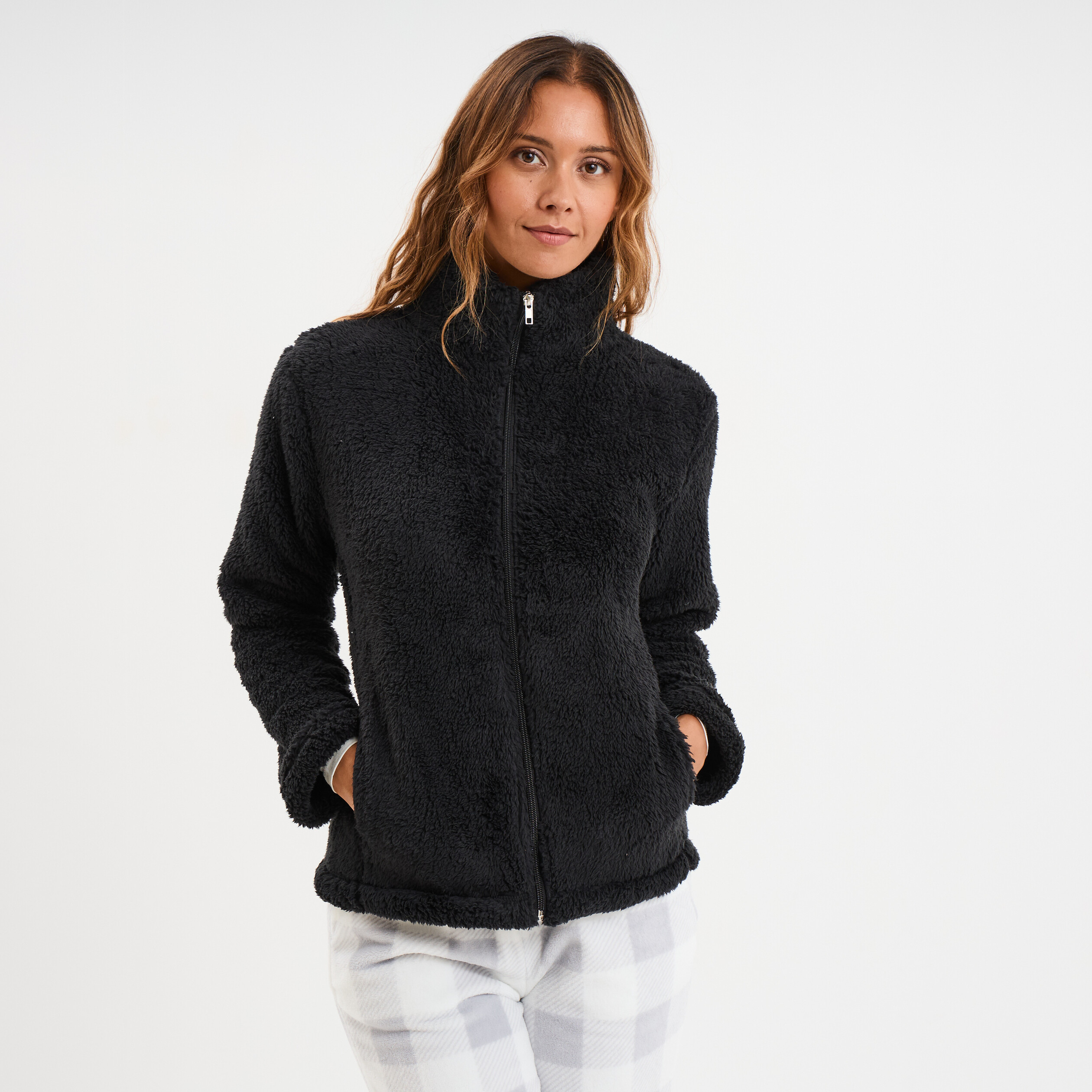 Veste effet polaire col montant noir femme