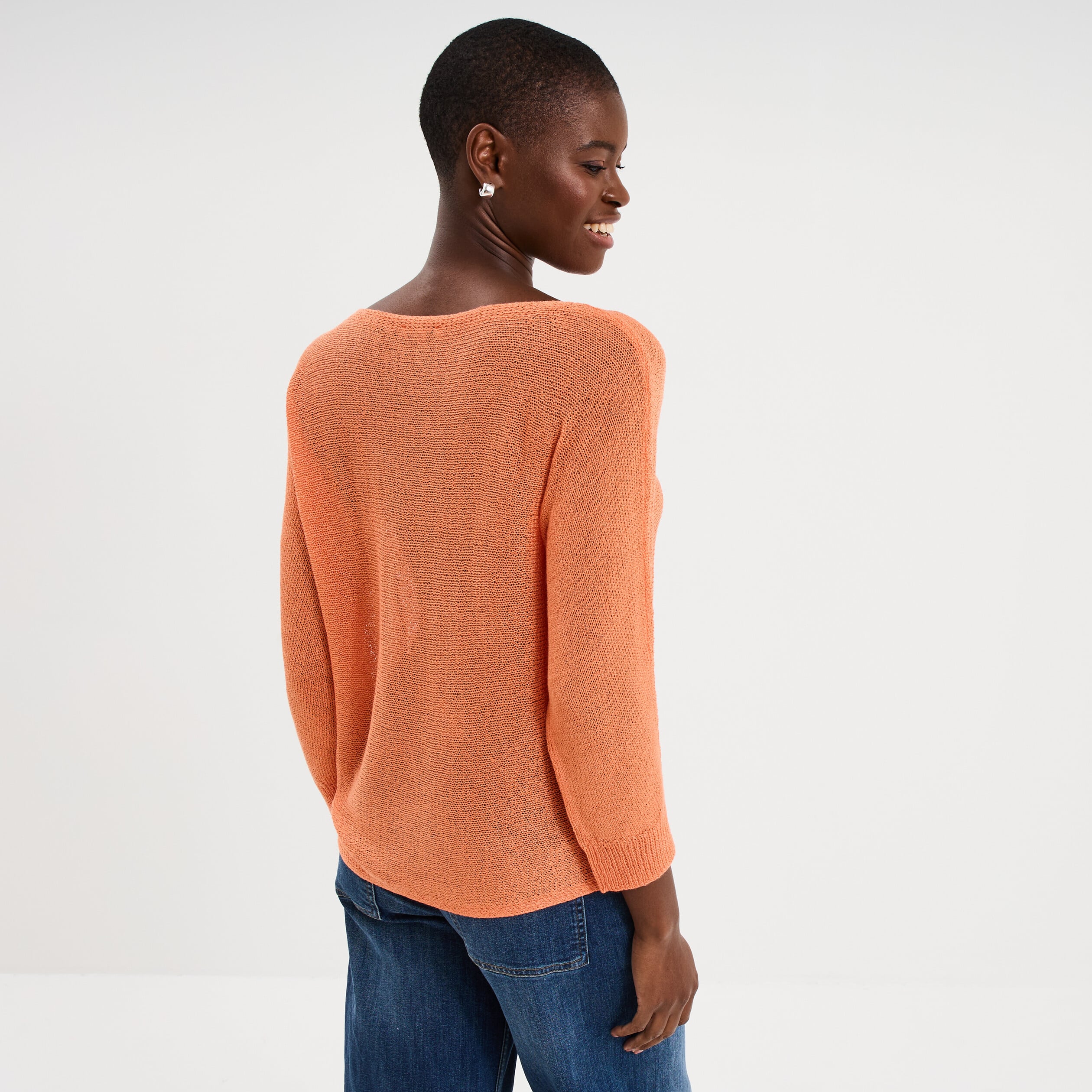 Pull droit col rond manches longues orange corail femme