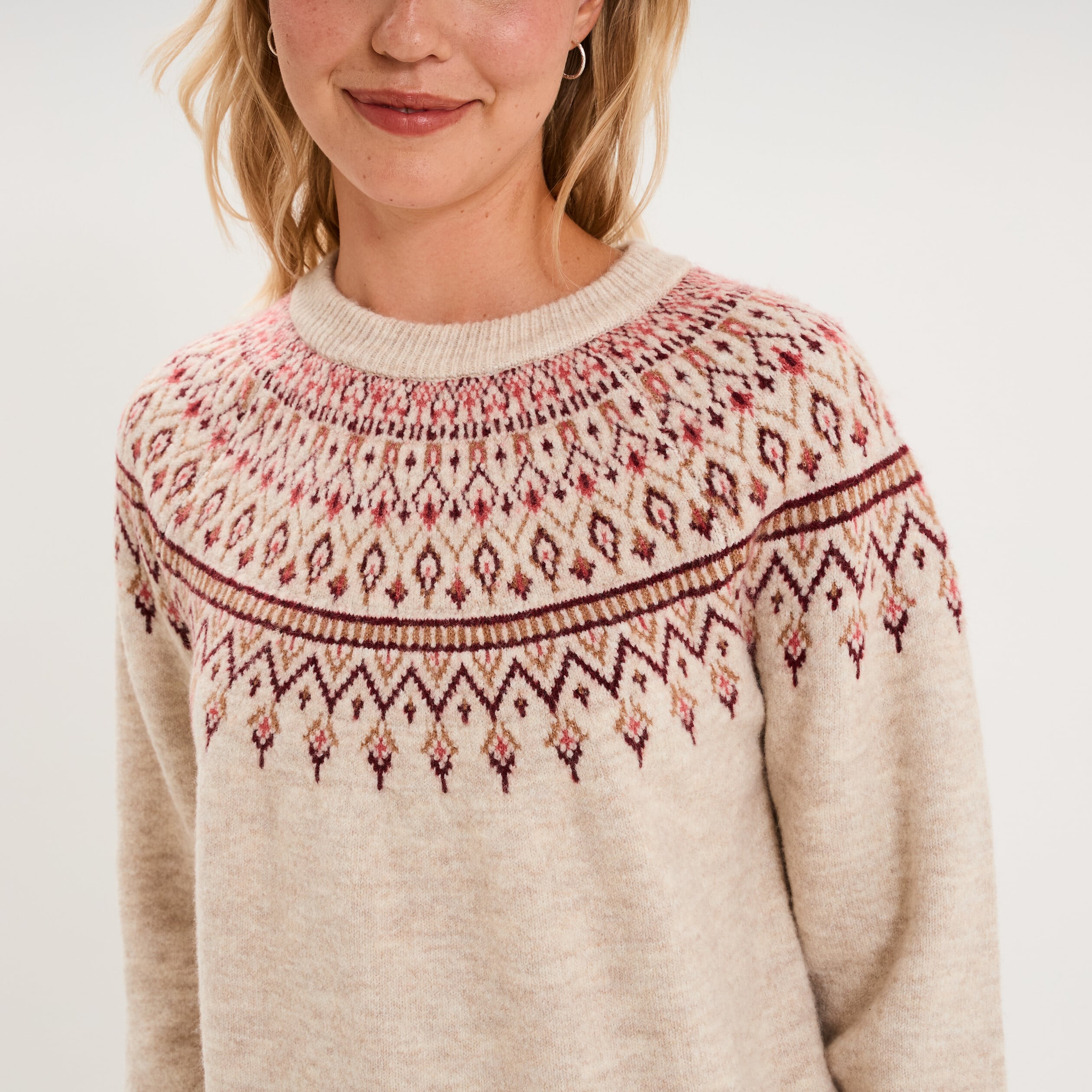Pull jacquard col rond manches longues ecru femme